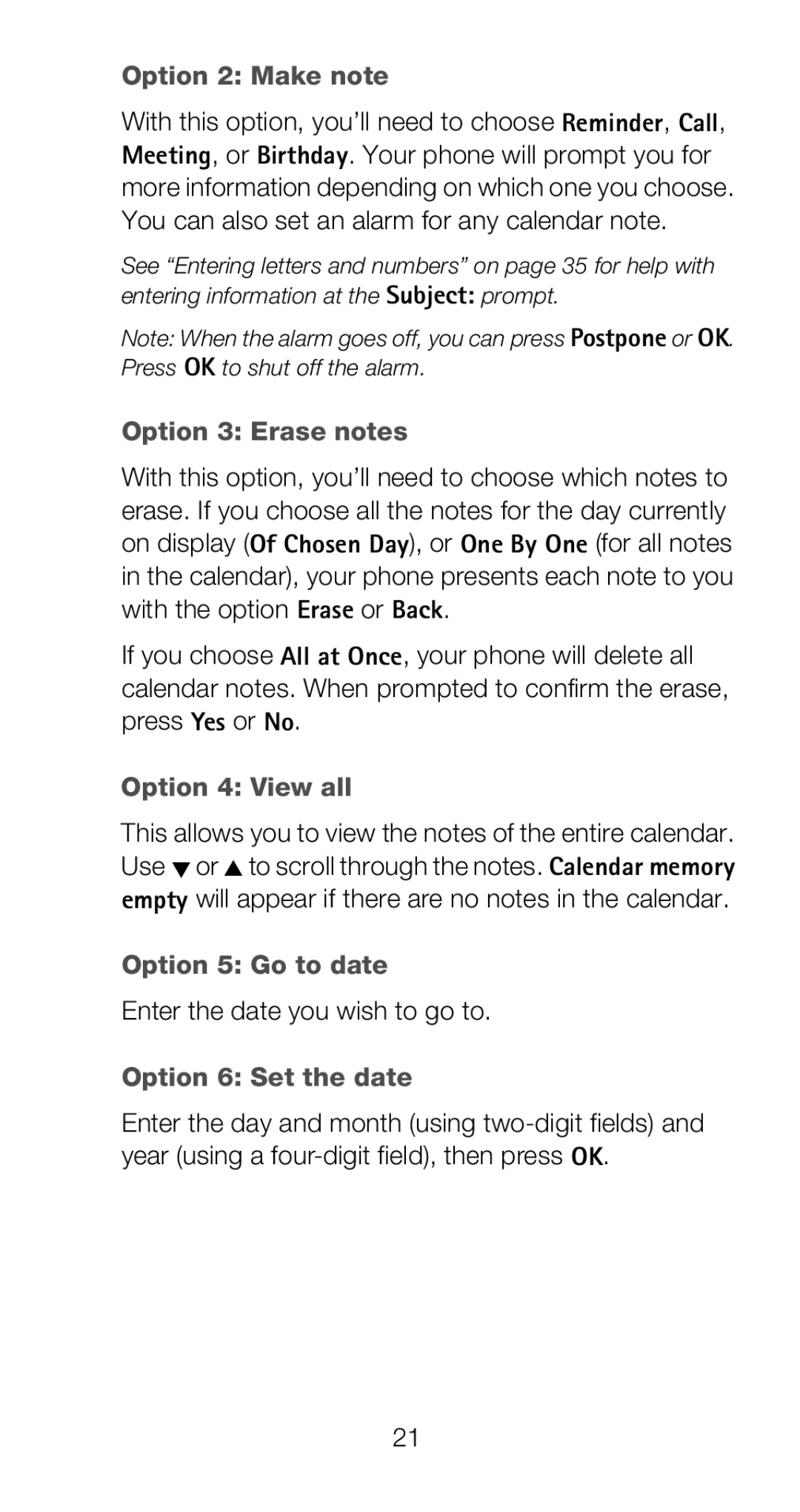 Nokia 6160i Option 2 Make note, Option 3 Erase notes, Option 4 View all, Option 5 Go to date, Option 6 Set the date 