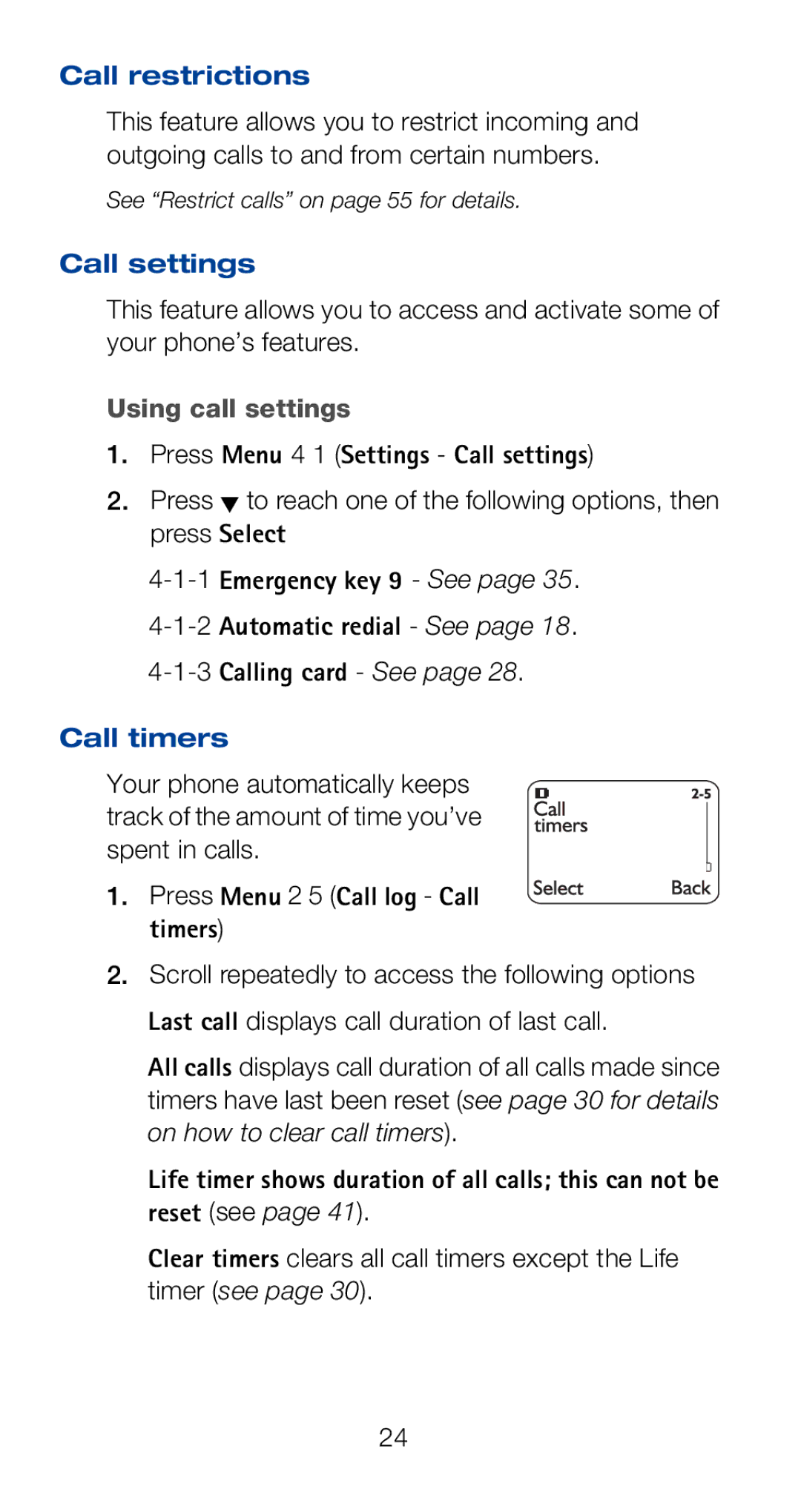 Nokia 6160i owner manual Call restrictions, Using call settings, Press Menu 4 1 Settings Call settings, Call timers 