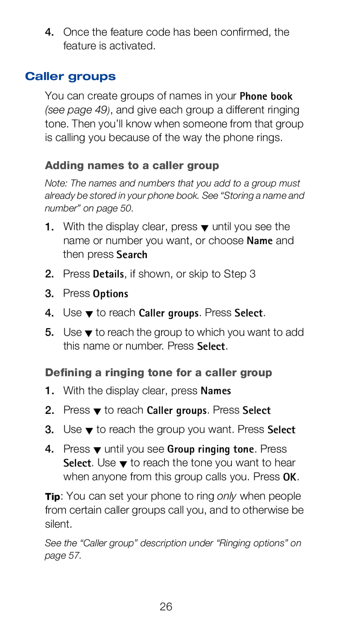 Nokia 6160i Caller groups, Adding names to a caller group, Press Options, Defining a ringing tone for a caller group 