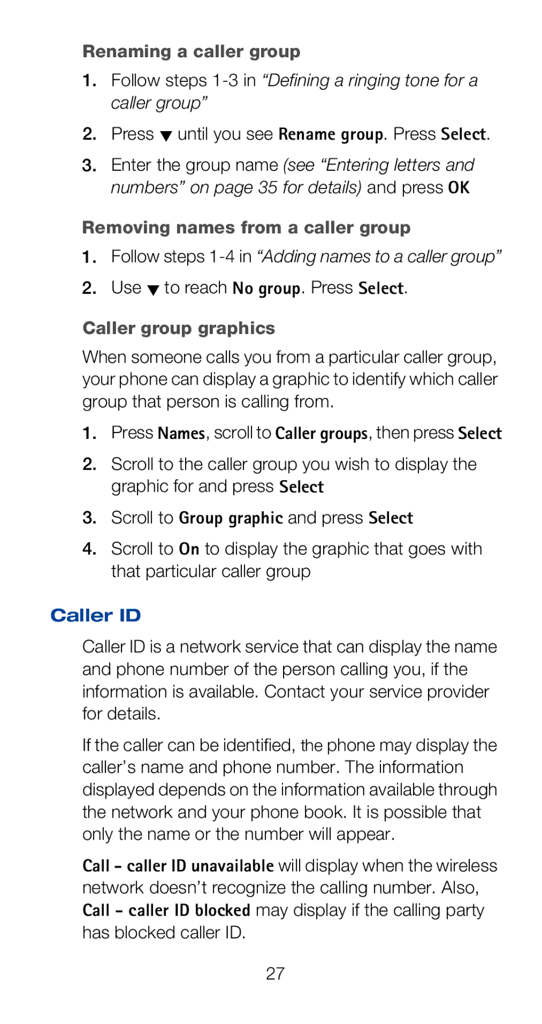 Nokia 6160i Renaming a caller group, Removing names from a caller group, Use W to reach No group. Press Select, Caller ID 