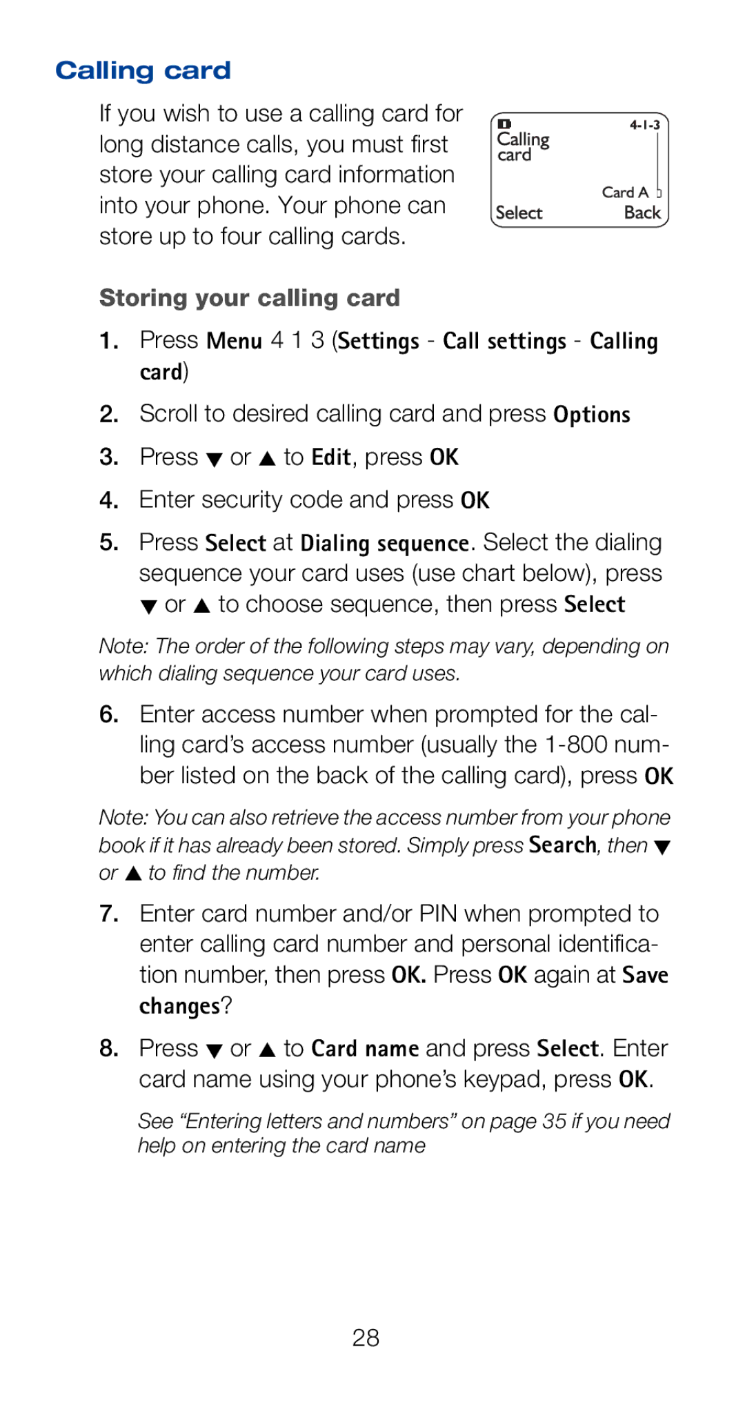 Nokia 6160i owner manual Storing your calling card, Press Menu 4 1 3 Settings Call settings Calling card 