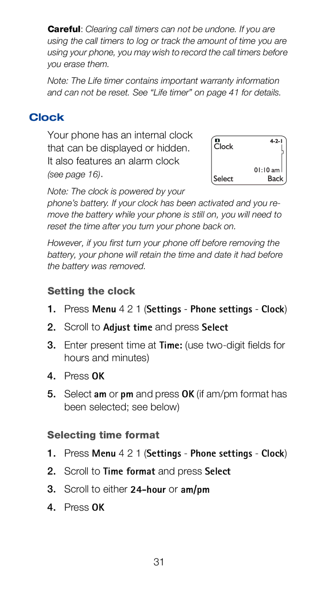 Nokia 6160i owner manual Clock, Setting the clock, Selecting time format 