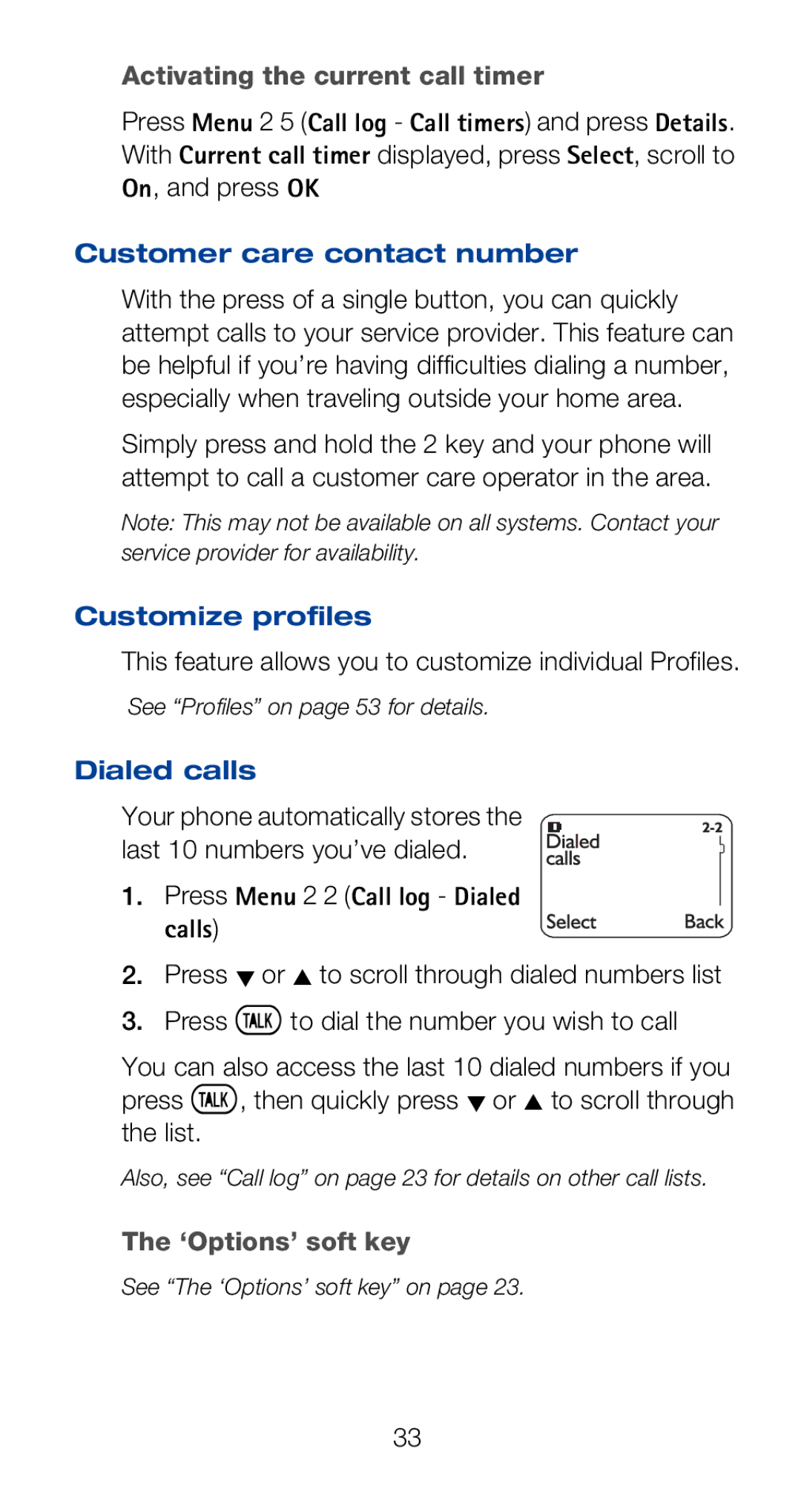 Nokia 6160i owner manual Activating the current call timer, Customer care contact number, Customize profiles, Dialed calls 