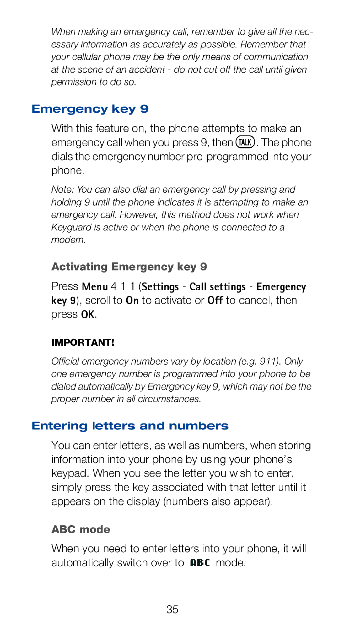 Nokia 6160i owner manual Activating Emergency key, Entering letters and numbers, ABC mode 