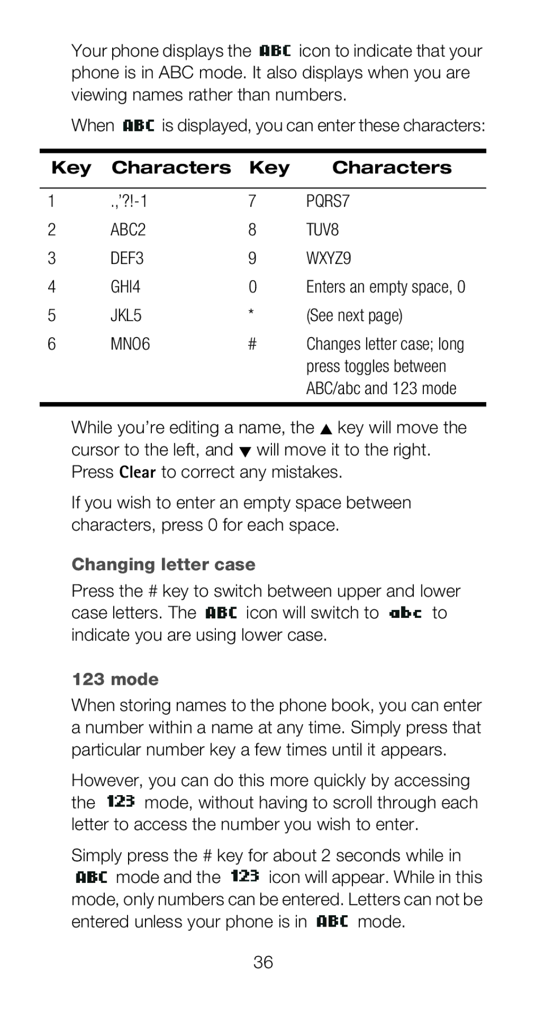 Nokia 6160i owner manual Key Characters, Changing letter case, Mode 