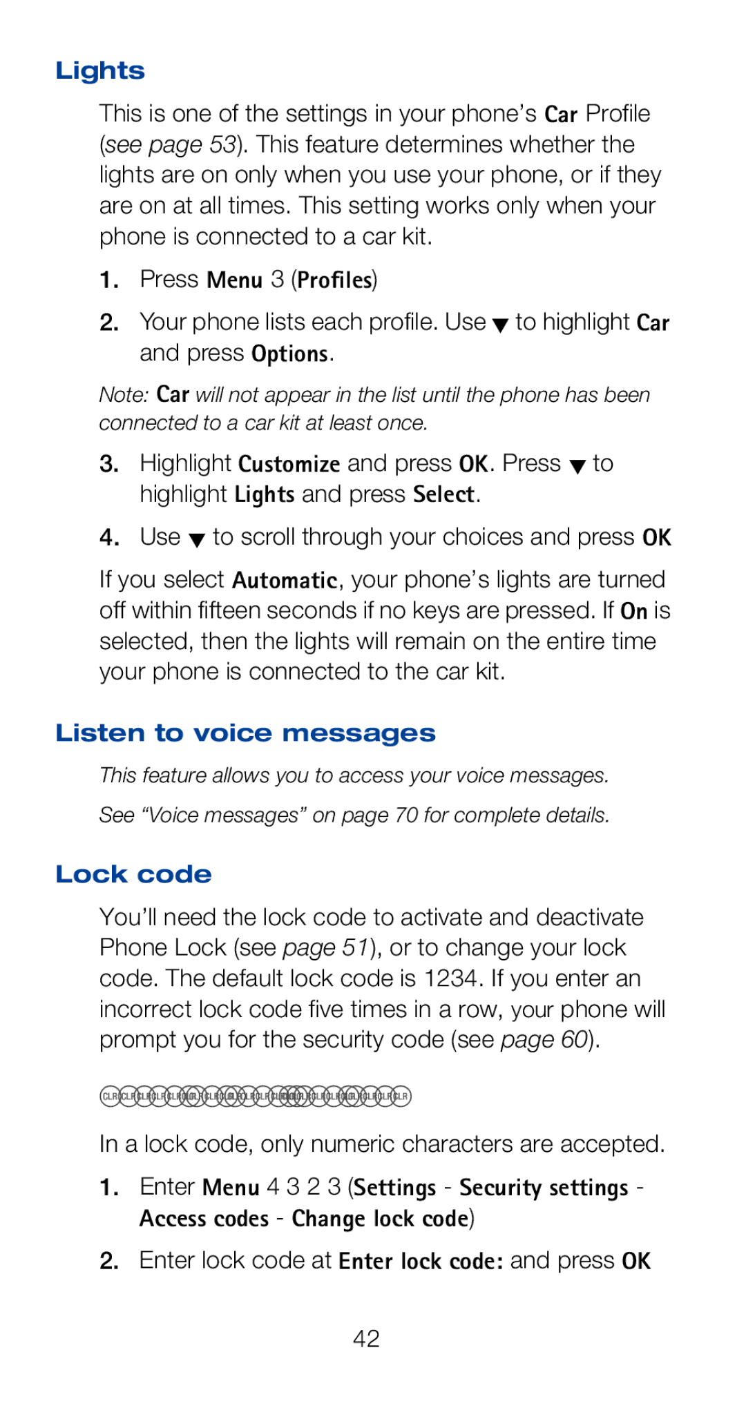 Nokia 6160i owner manual Lights, Listen to voice messages, Lock code, Changing your lock code 