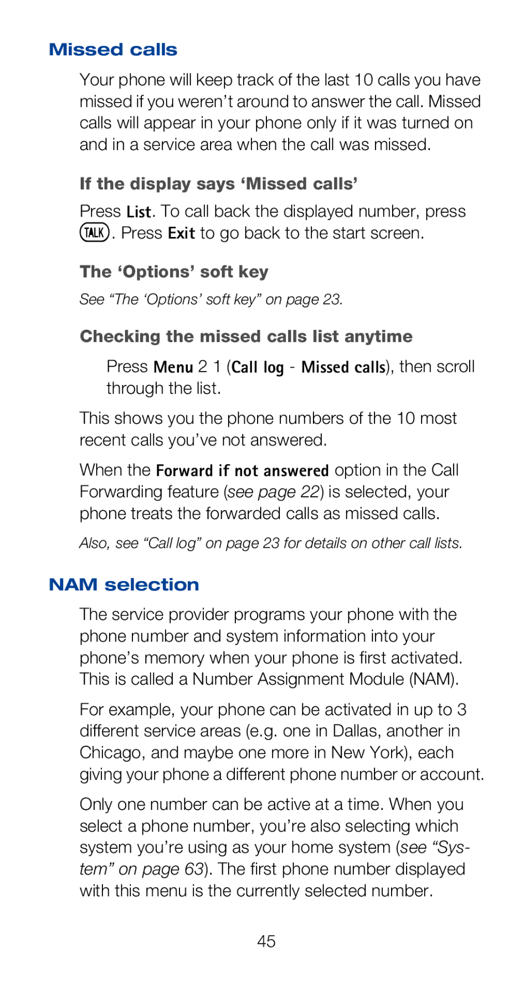 Nokia 6160i owner manual If the display says ‘Missed calls’, Checking the missed calls list anytime, NAM selection 