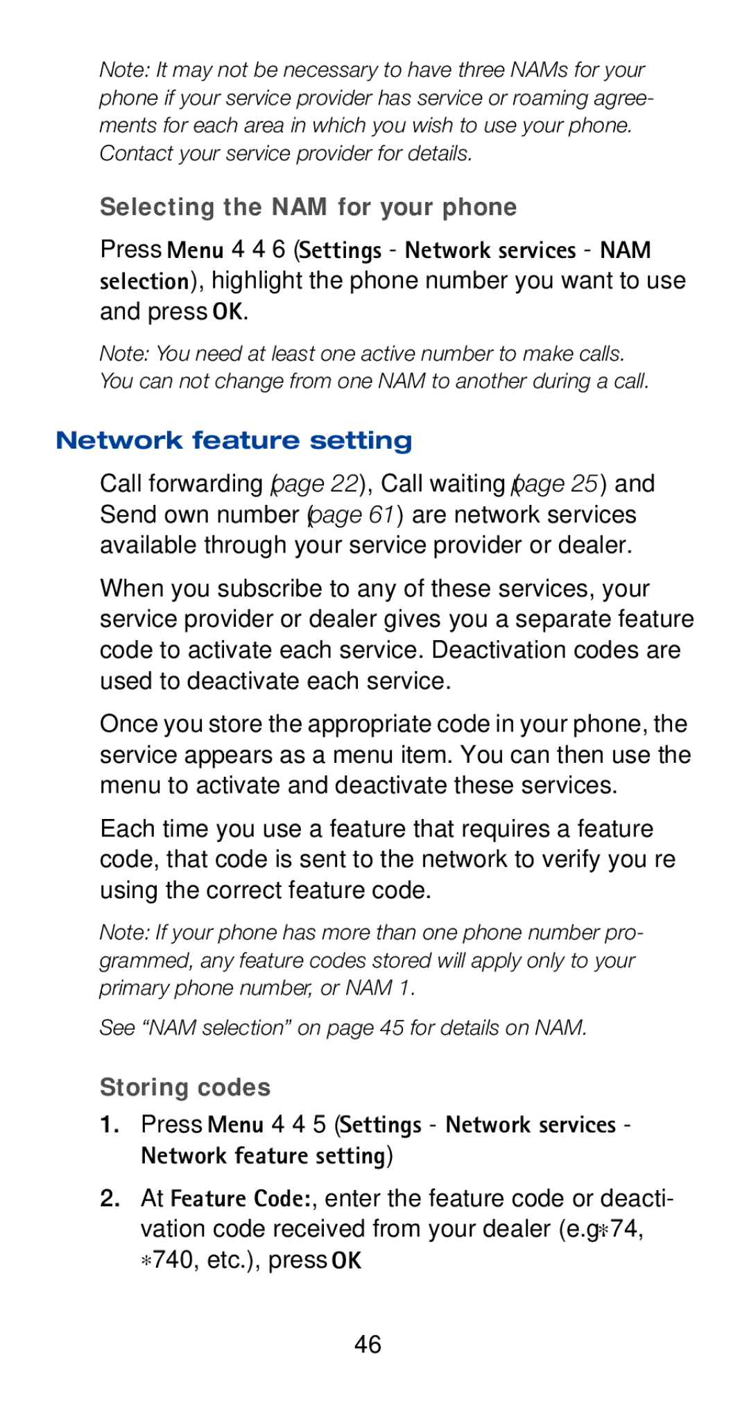 Nokia 6160i owner manual Selecting the NAM for your phone, Network feature setting, Storing codes 