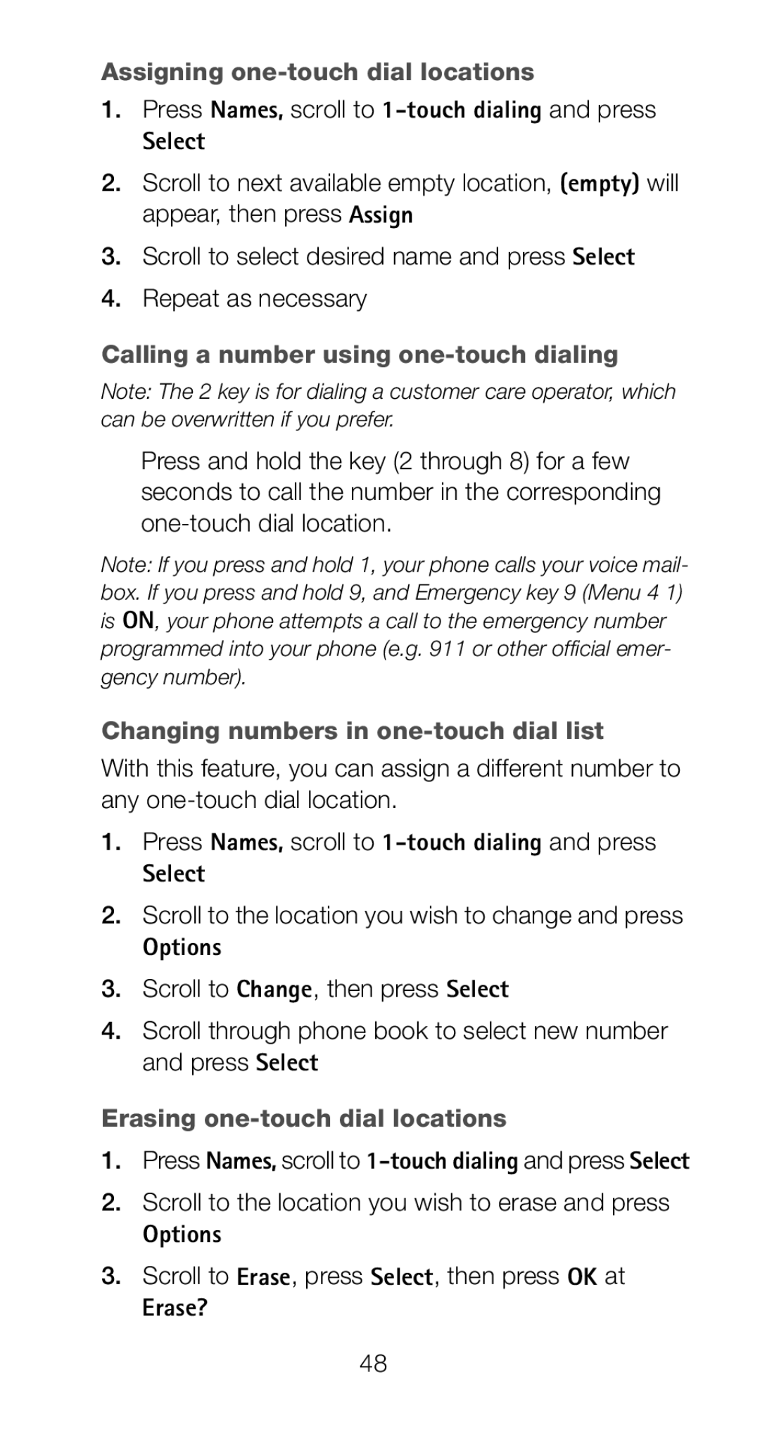 Nokia 6160i Assigning one-touch dial locations, Calling a number using one-touch dialing, Erasing one-touch dial locations 