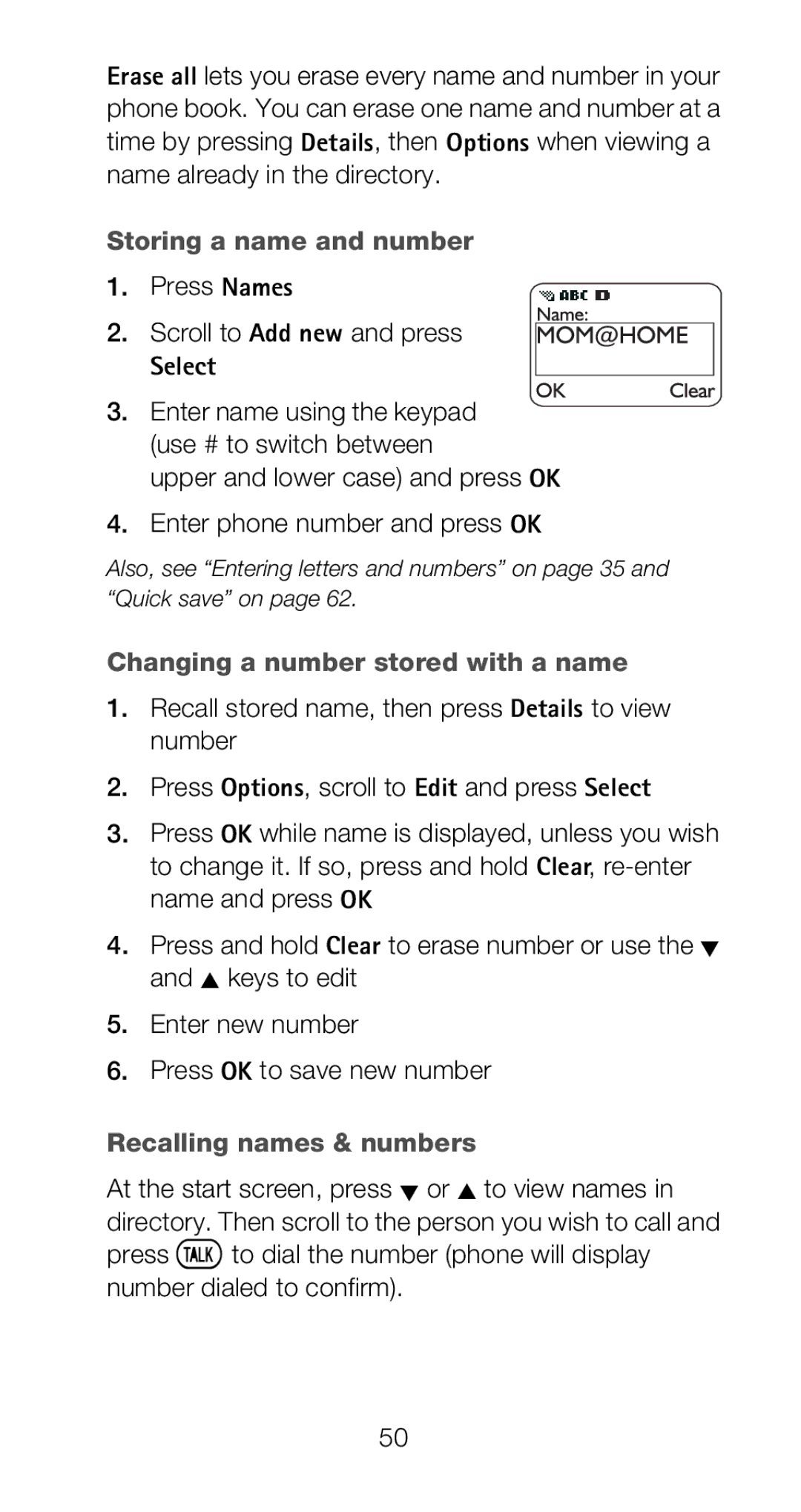 Nokia 6160i Storing a name and number, Press Names Scroll to Add new and press, Changing a number stored with a name 