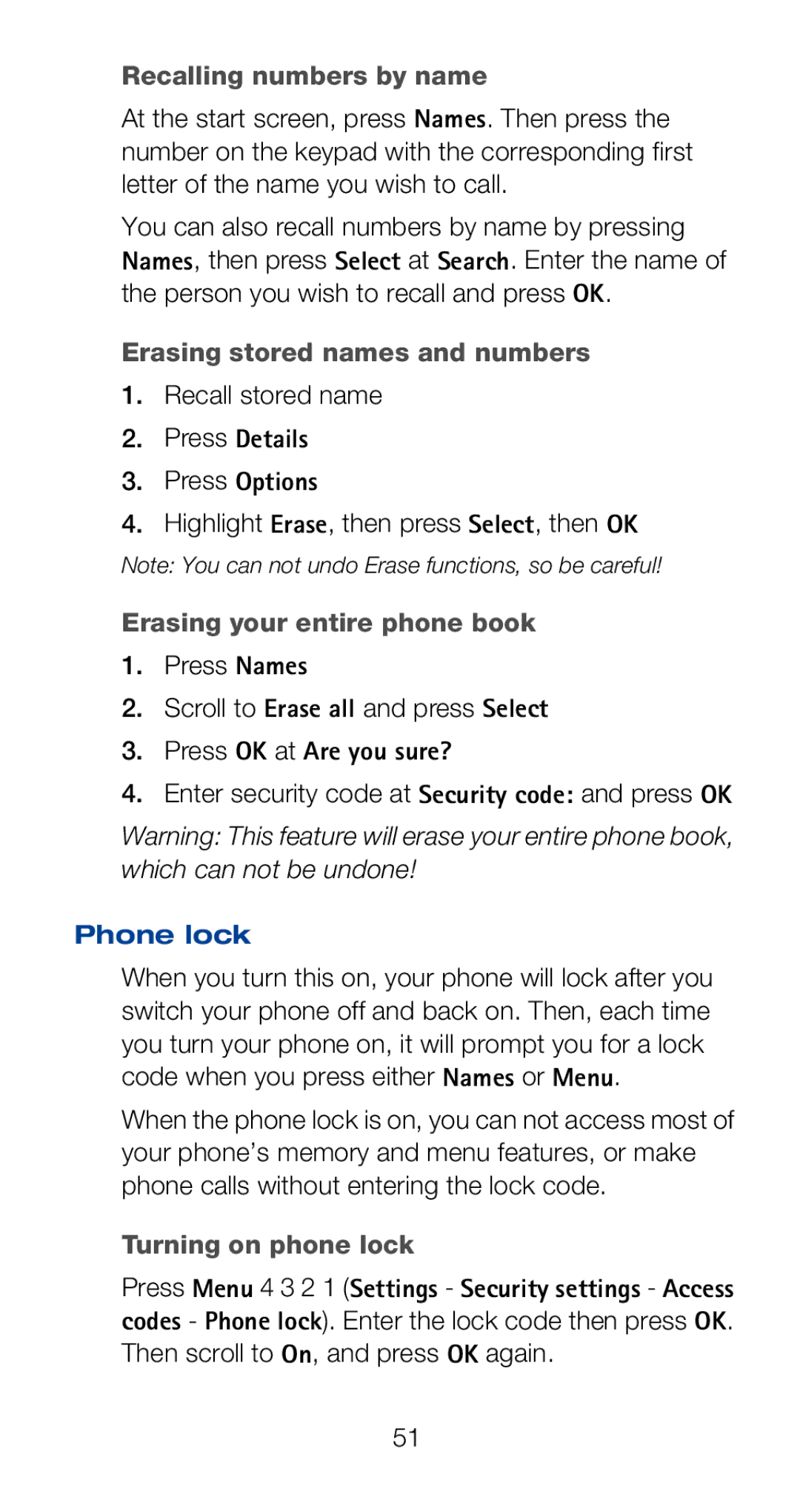 Nokia 6160i Recalling numbers by name, Erasing stored names and numbers, Erasing your entire phone book, Phone lock 