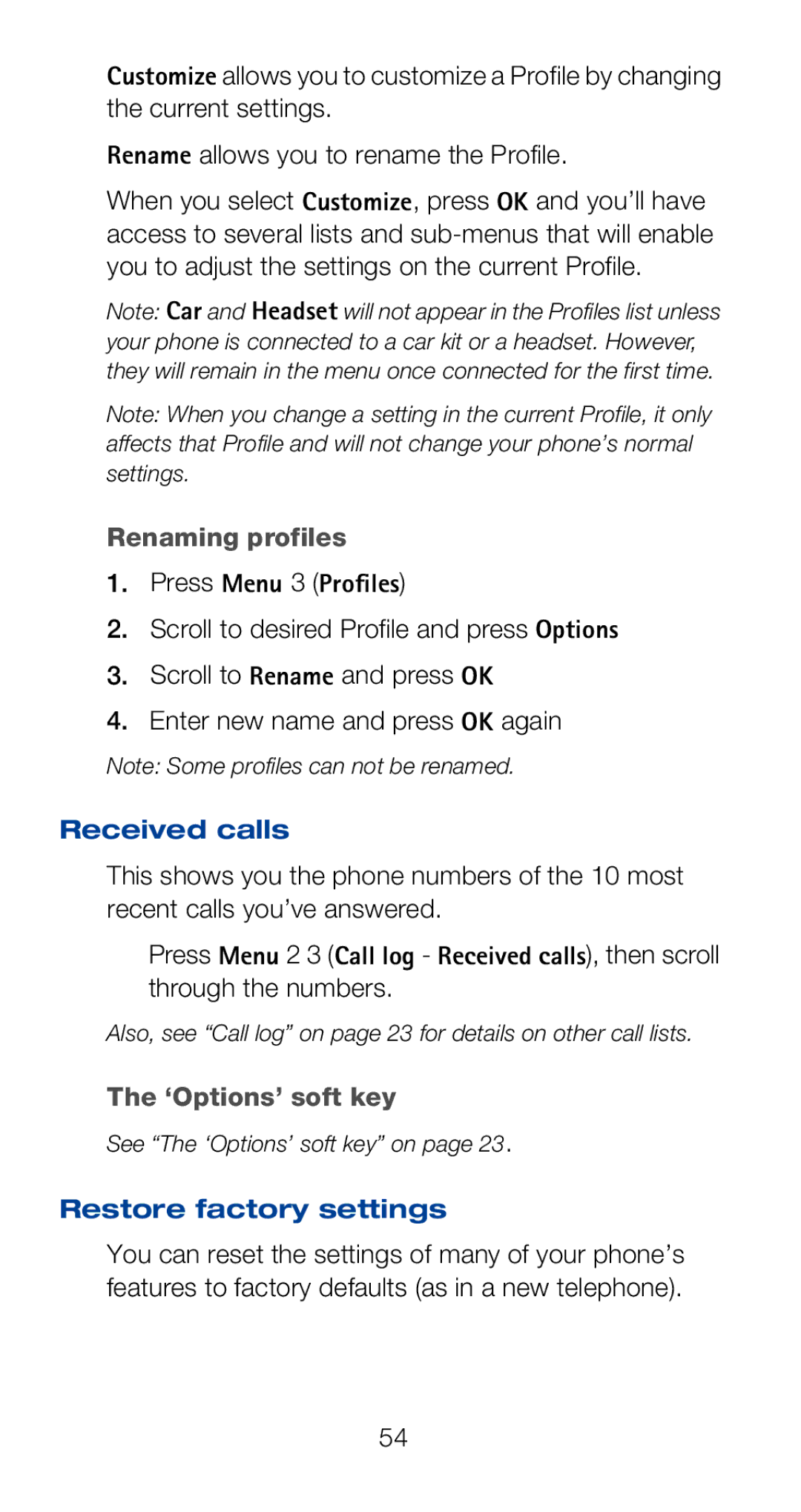 Nokia 6160i owner manual Renaming profiles, Received calls, Through the numbers, Restore factory settings 