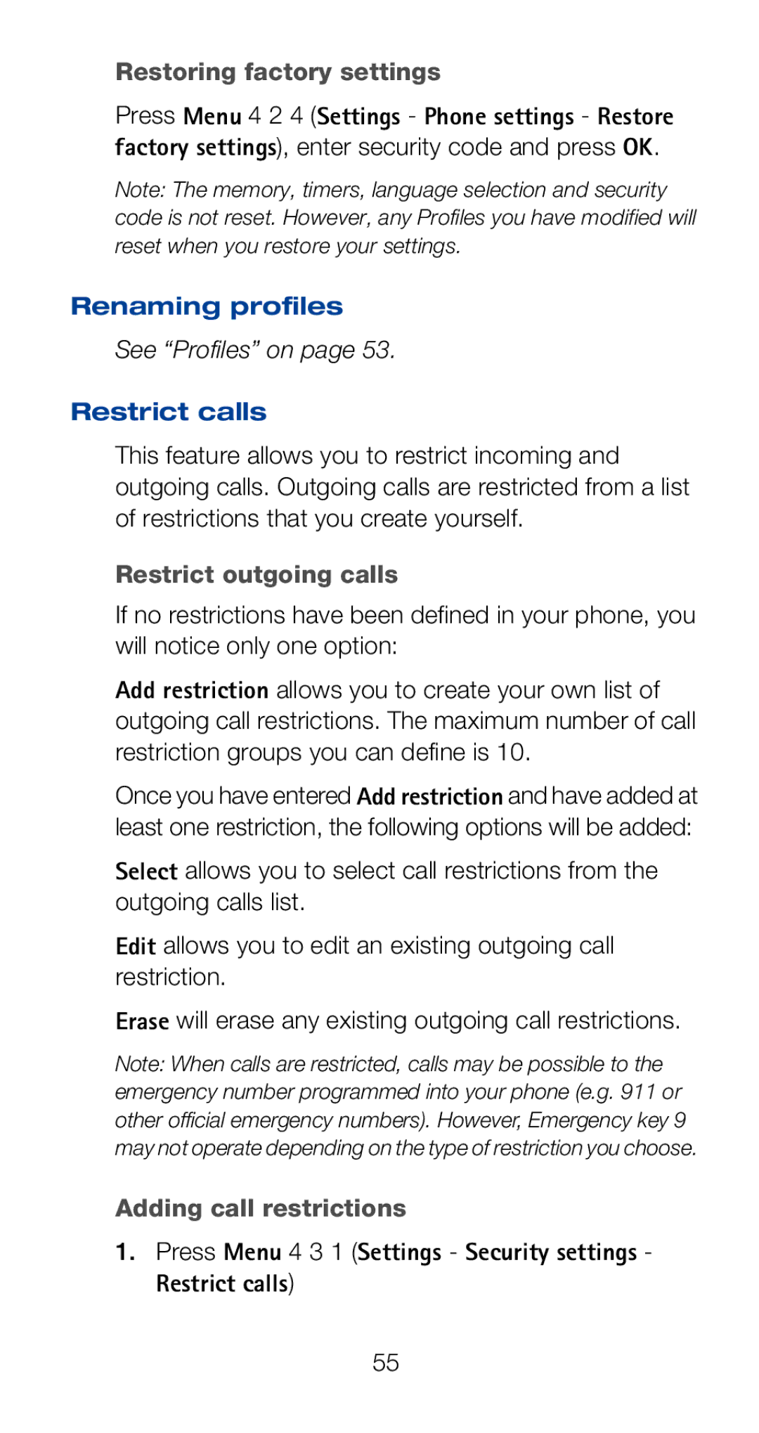 Nokia 6160i owner manual Restoring factory settings, Renaming profiles, Restrict calls, Restrict outgoing calls 