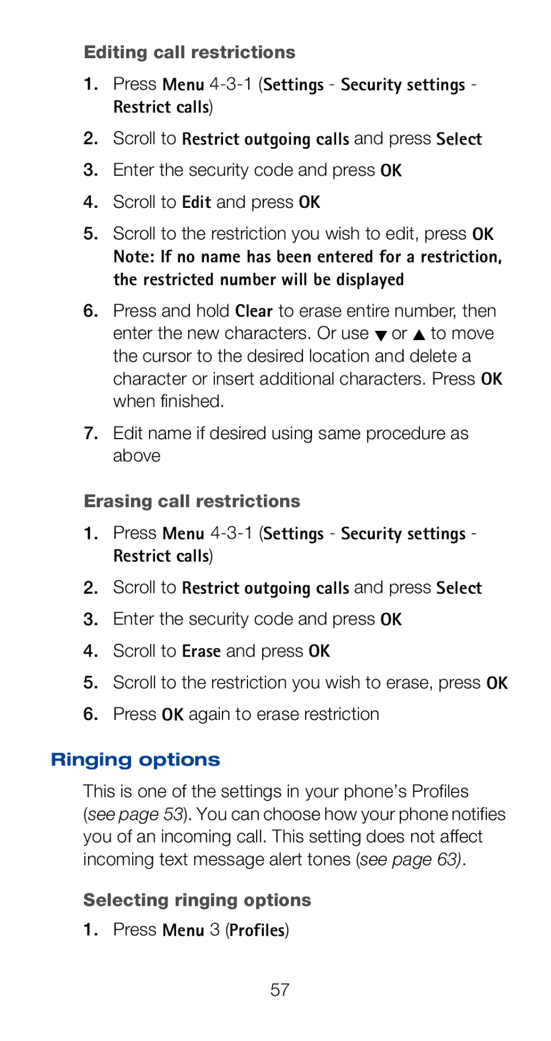 Nokia 6160i owner manual Editing call restrictions, Erasing call restrictions, Ringing options, Selecting ringing options 