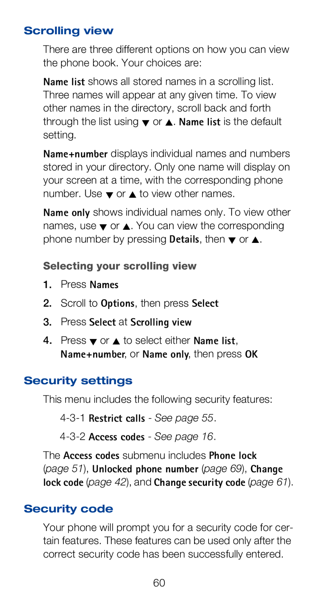 Nokia 6160i Selecting your scrolling view, Press Select at Scrolling view, Security settings, Security code 