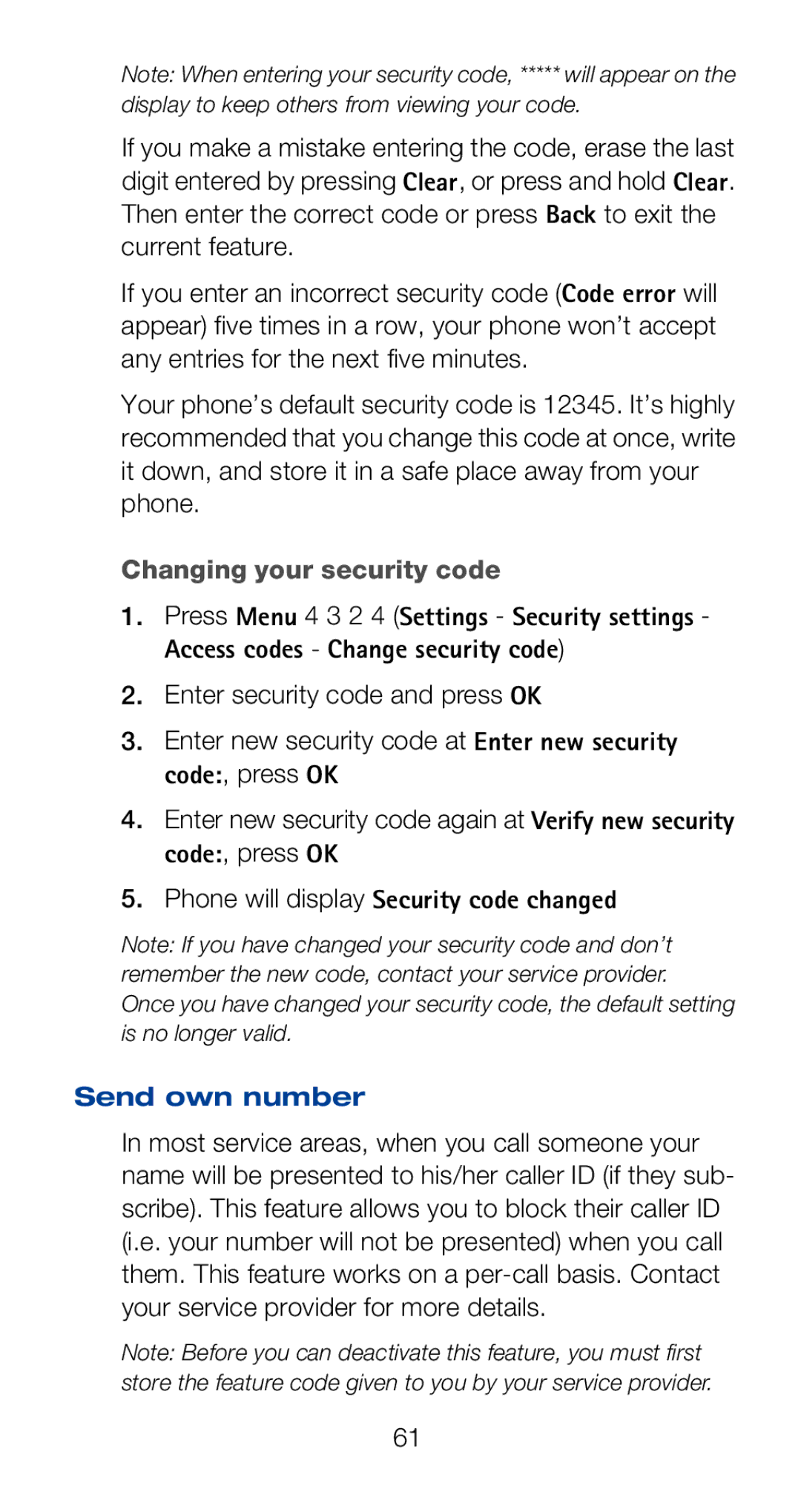 Nokia 6160i owner manual Changing your security code, Phone will display Security code changed, Send own number 