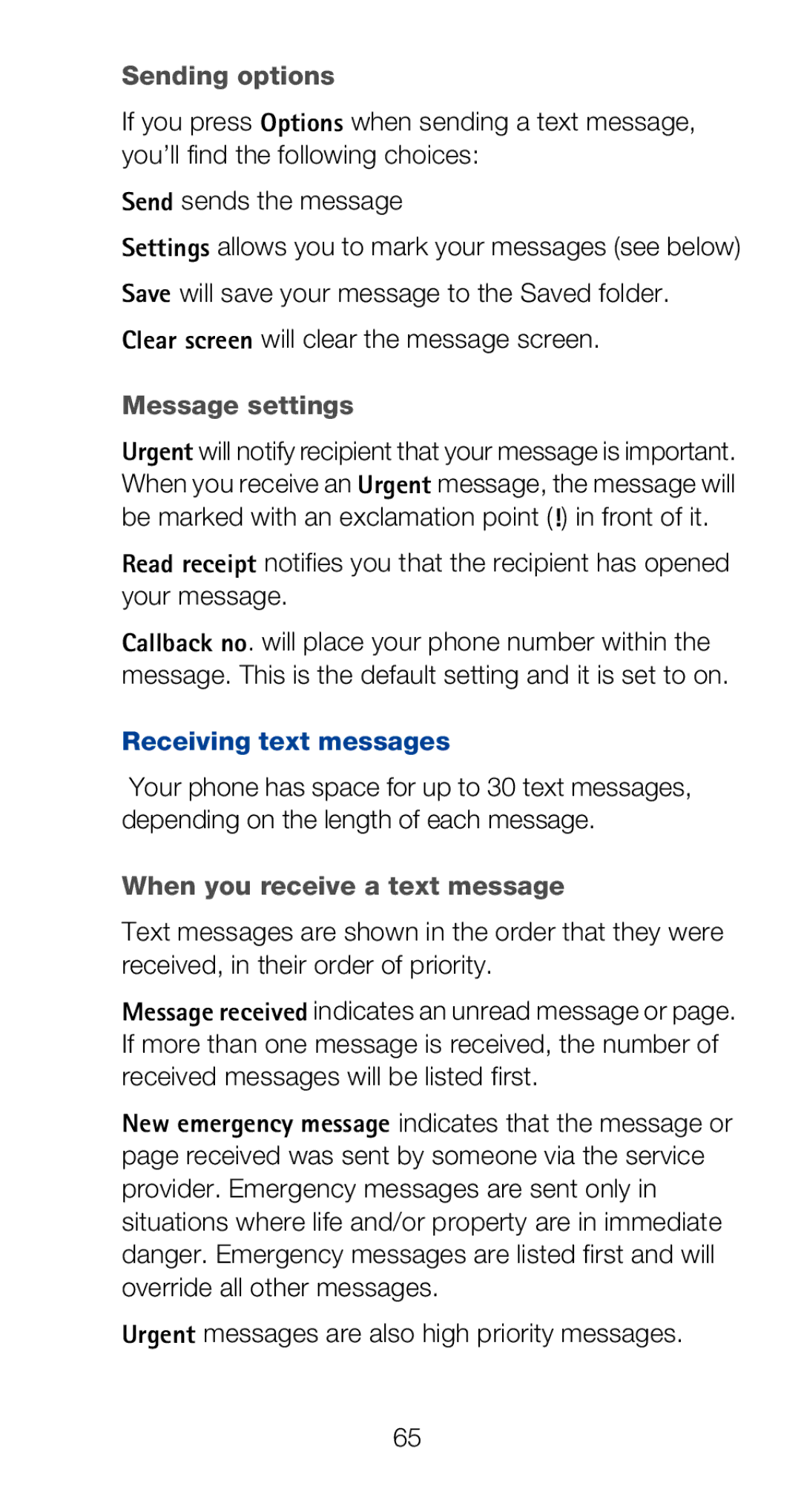 Nokia 6160i owner manual Sending options, Message settings, Receiving text messages, When you receive a text message 