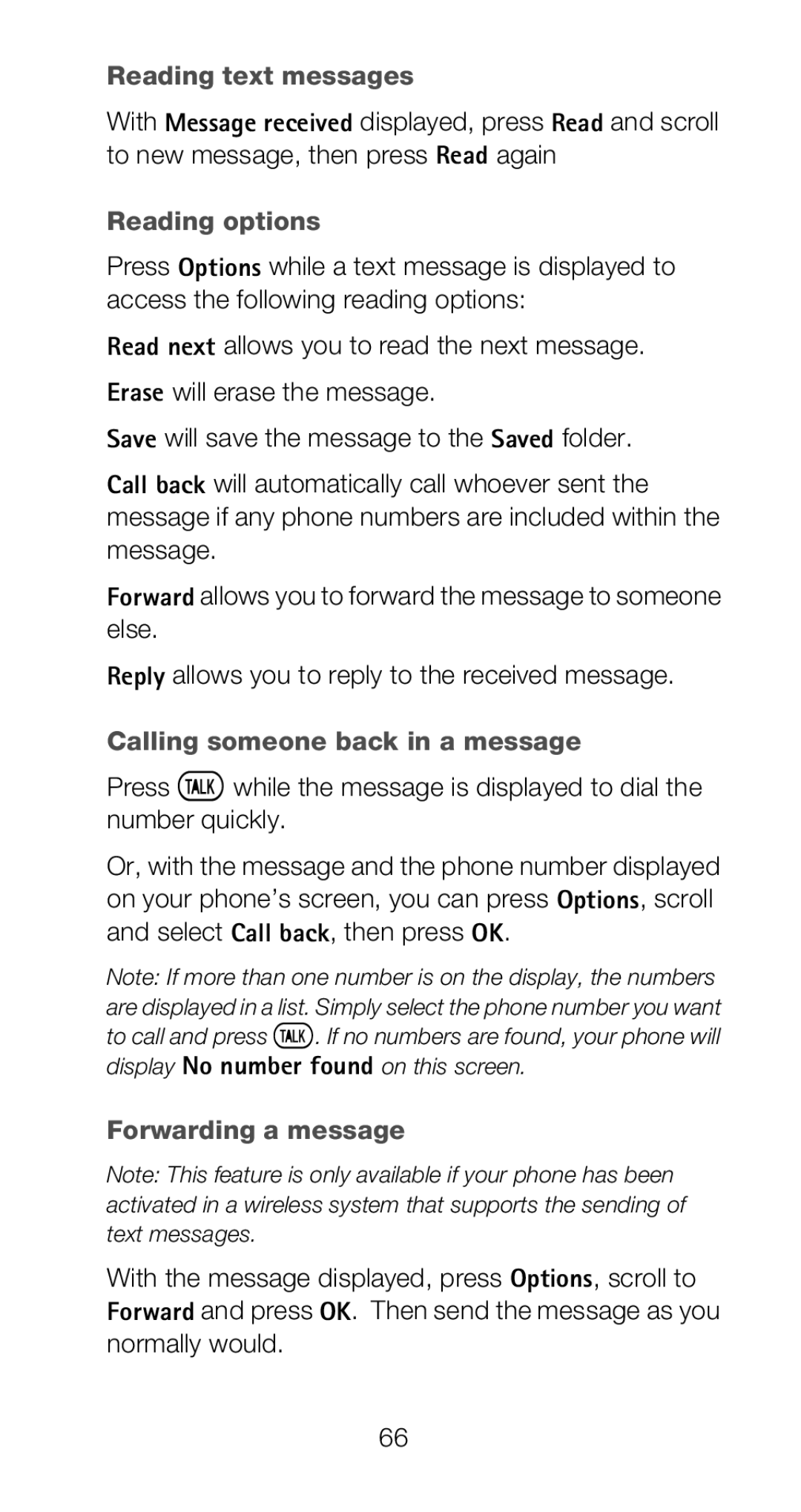 Nokia 6160i owner manual Reading text messages, Reading options, Calling someone back in a message, Forwarding a message 