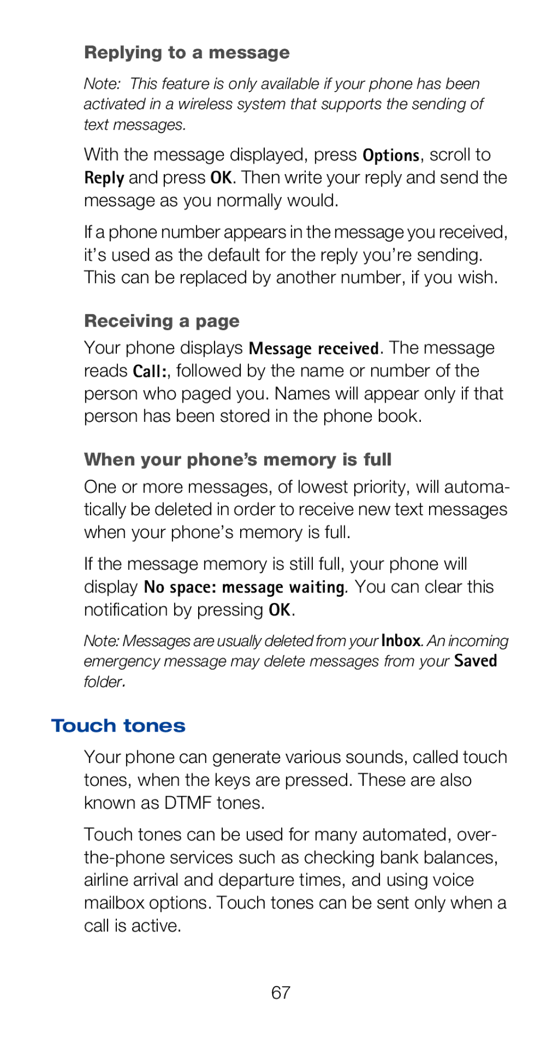 Nokia 6160i owner manual Replying to a message, Receiving a, When your phone’s memory is full, Touch tones 