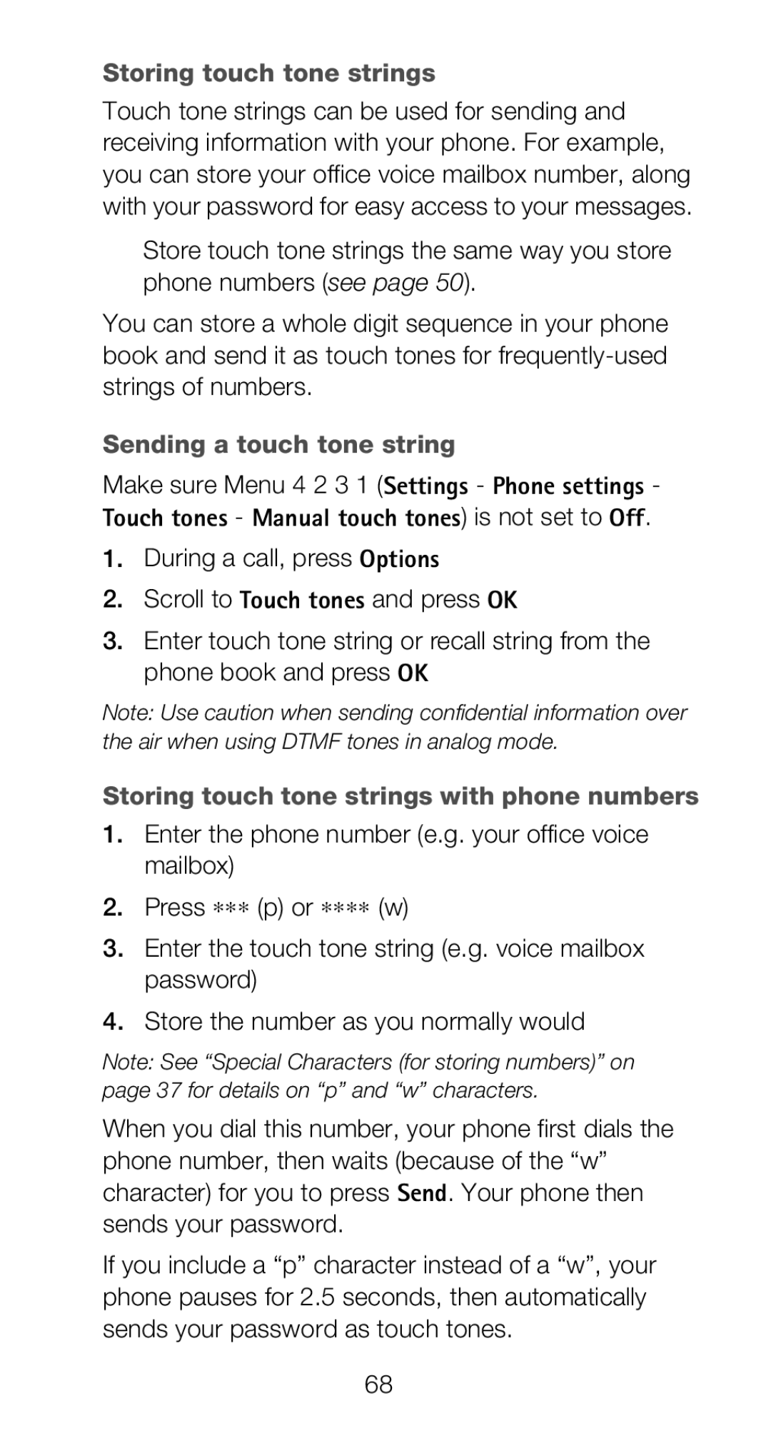 Nokia 6160i owner manual Sending a touch tone string, Storing touch tone strings with phone numbers 