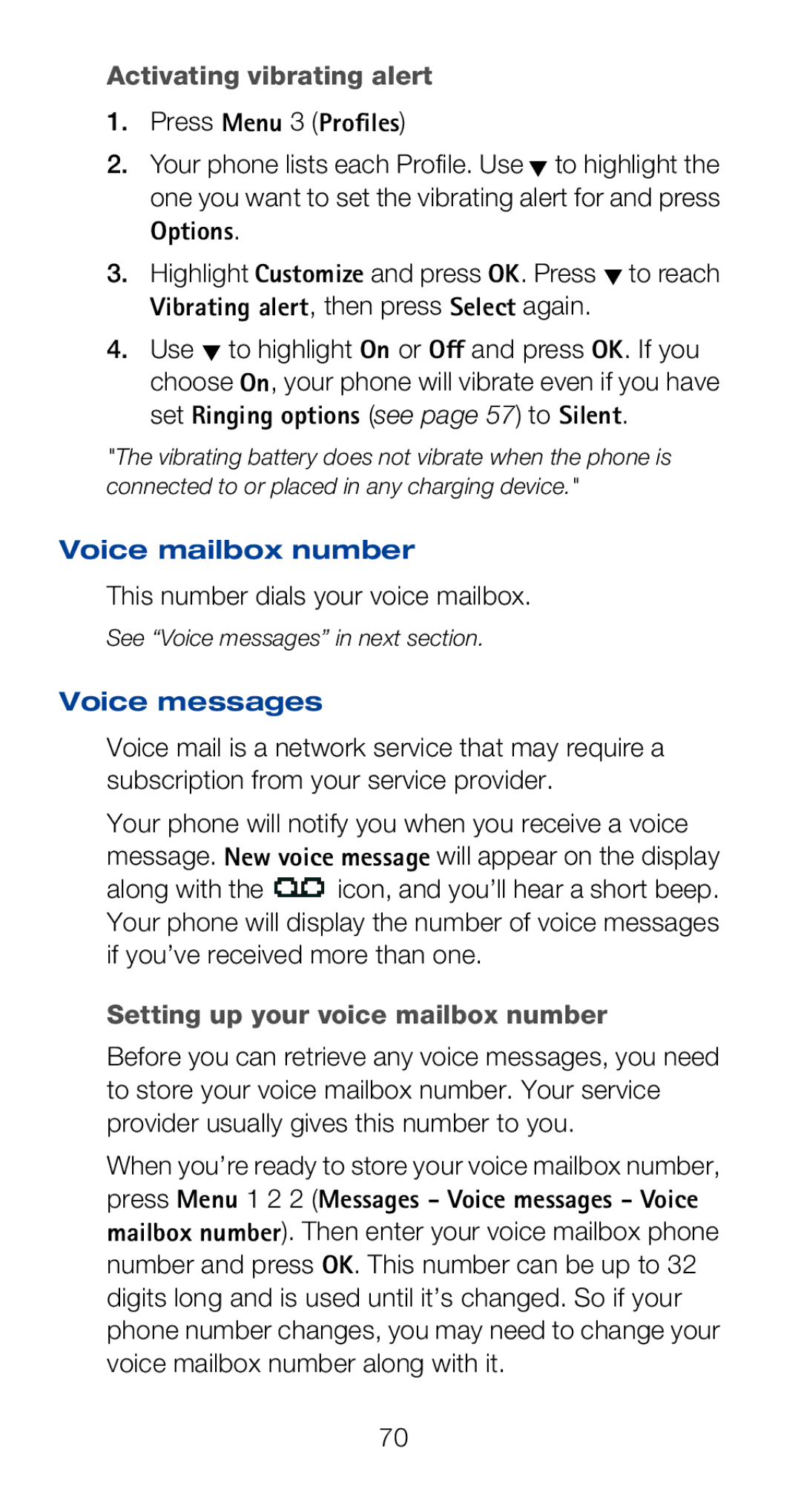 Nokia 6160i Activating vibrating alert, Voice mailbox number, This number dials your voice mailbox, Voice messages 