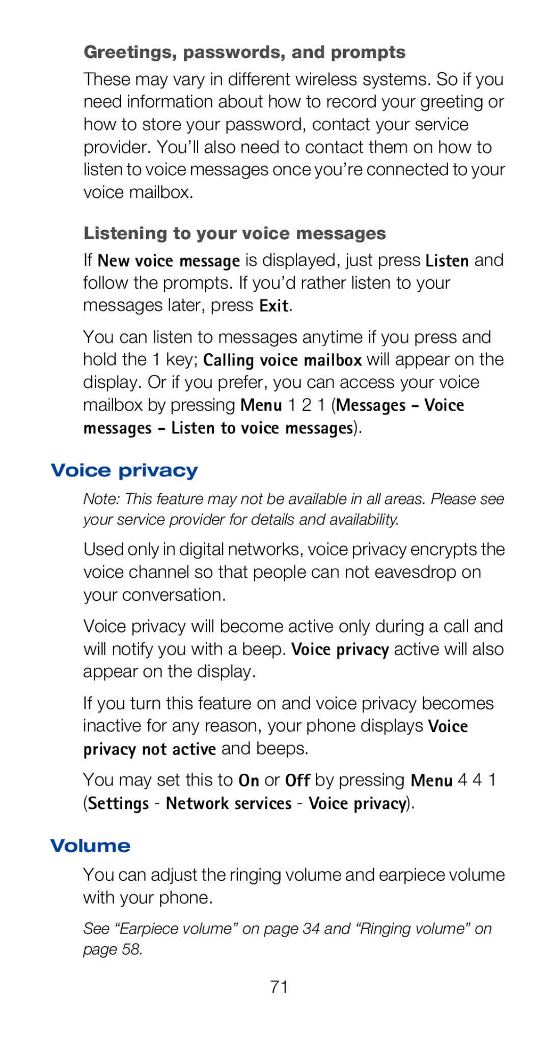 Nokia 6160i owner manual Greetings, passwords, and prompts, Listening to your voice messages, Voice privacy, Volume 