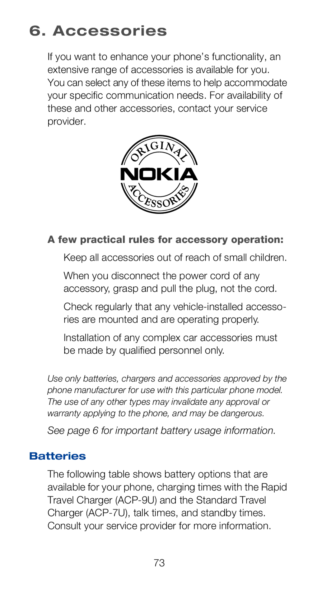 Nokia 6160i Accessories, Few practical rules for accessory operation, Keep all accessories out of reach of small children 