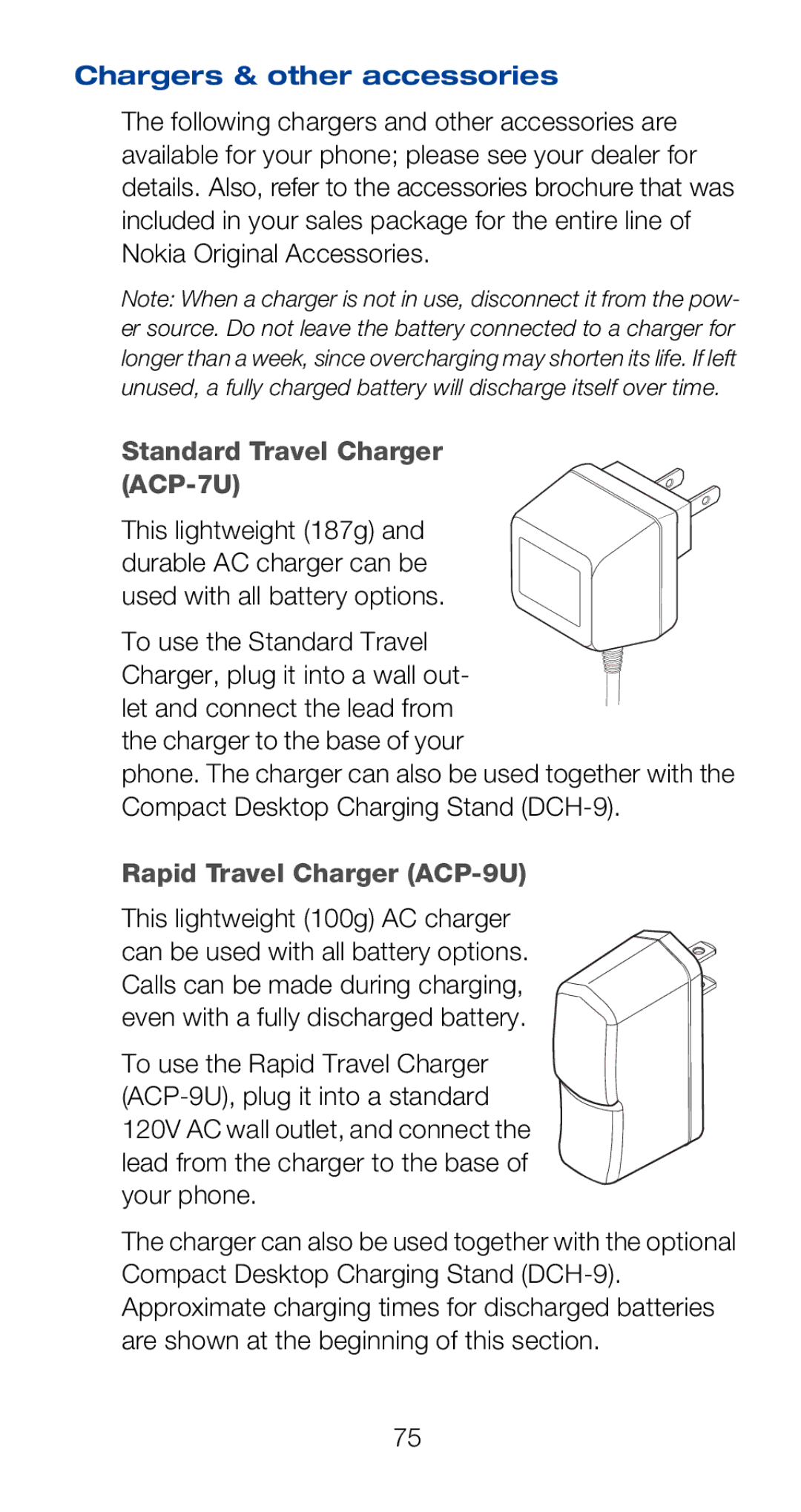 Nokia 6160i owner manual Chargers & other accessories, Standard Travel Charger ACP-7U, Rapid Travel Charger ACP-9U 