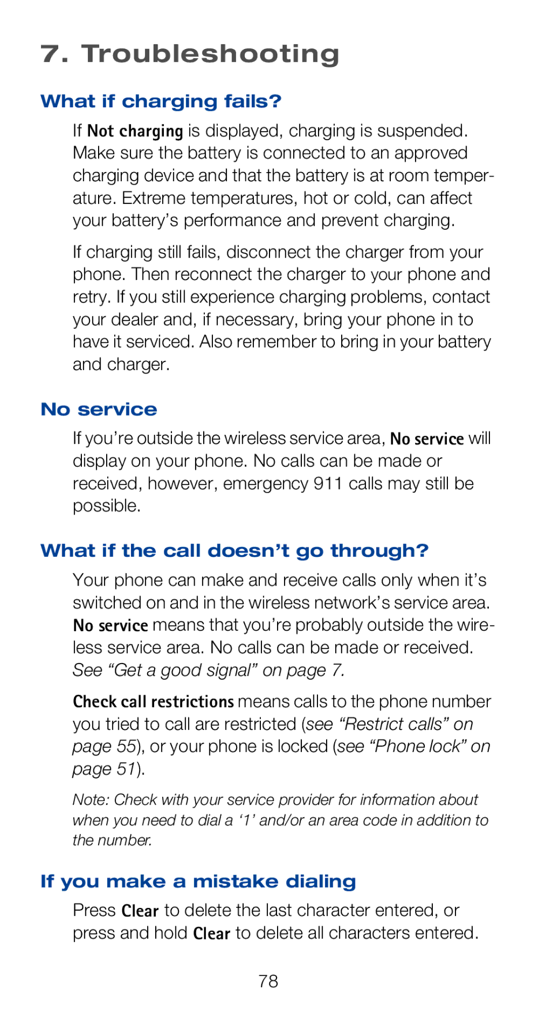 Nokia 6160i owner manual Troubleshooting, What if charging fails?, No service, What if the call doesn’t go through? 