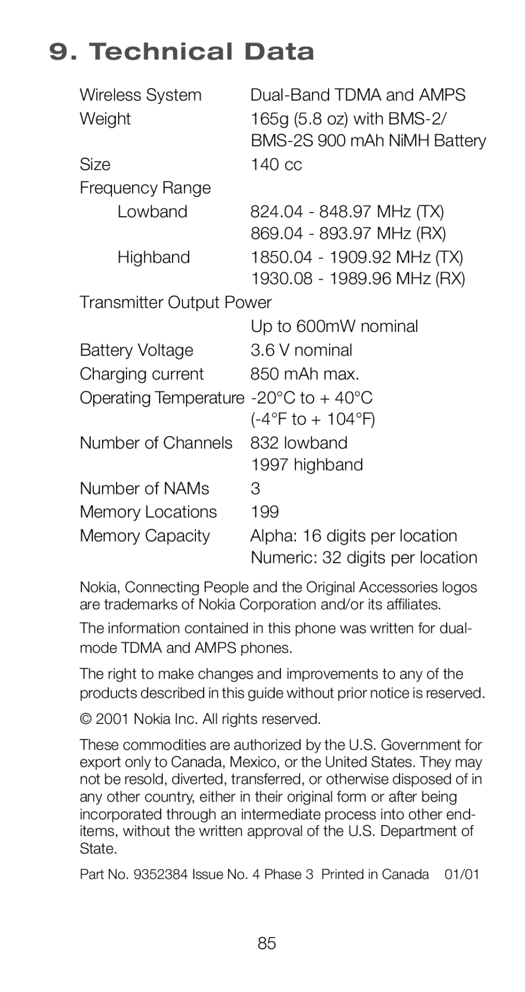 Nokia 6160i owner manual Technical Data 