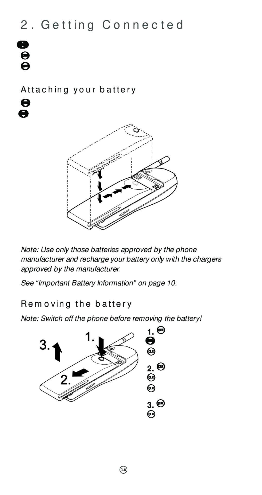 Nokia 6161 manual Getting Connected, Attaching your battery, Removing the battery 