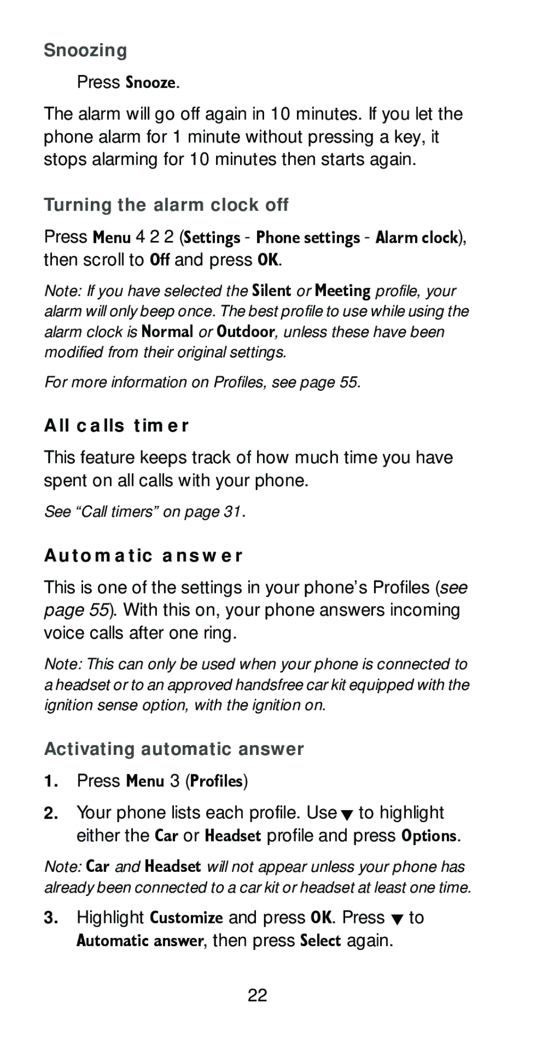 Nokia 6161 manual Snoozing, Turning the alarm clock off, All calls timer, Automatic answer, Activating automatic answer 