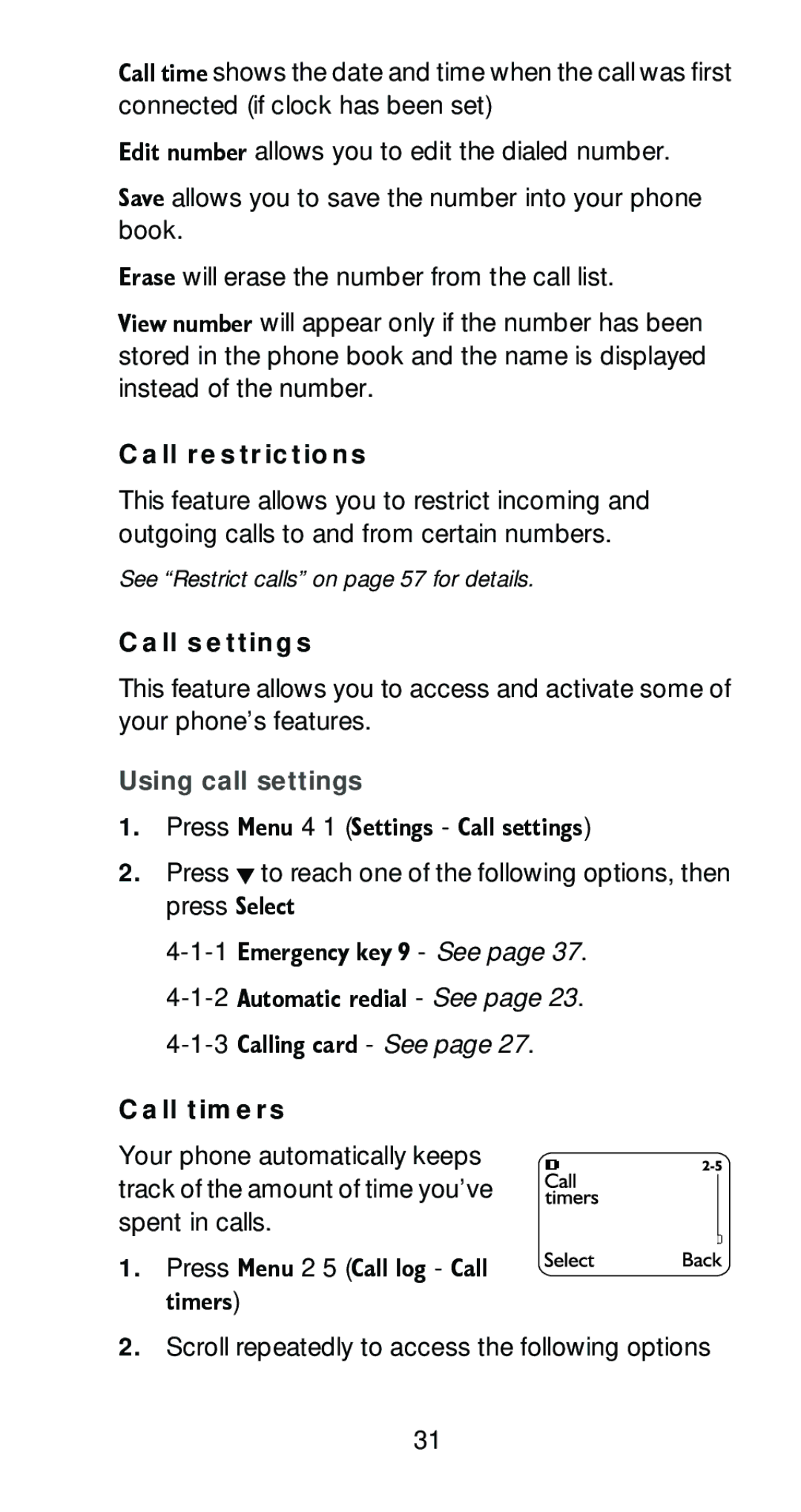 Nokia 6161 Call restrictions, Using call settings, Call timers, Wlphuv, Scroll repeatedly to access the following options 