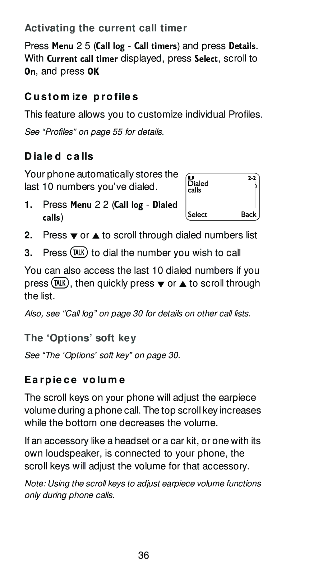 Nokia 6161 manual Activating the current call timer, Customize profiles, Dialed calls, Fdoov, Earpiece volume 