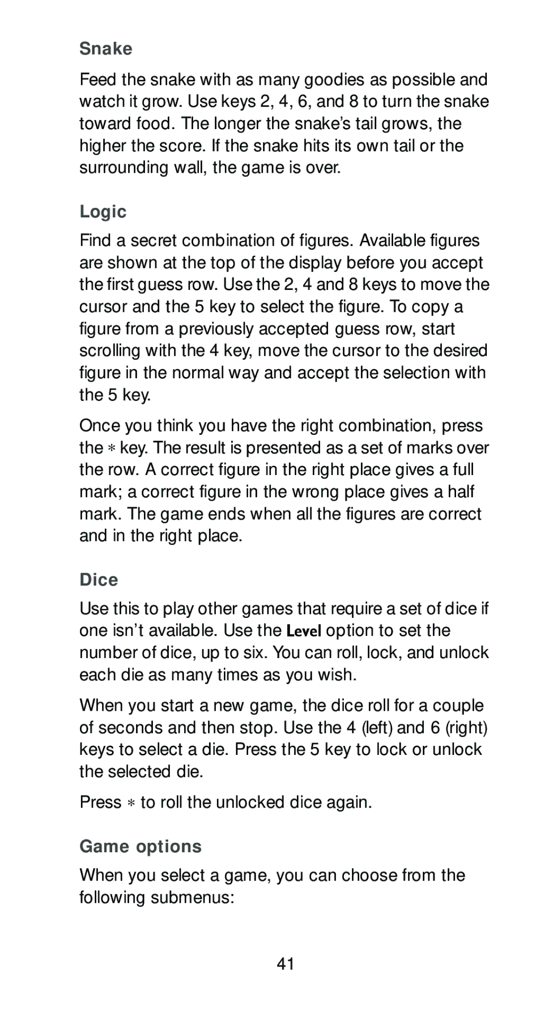 Nokia 6161 manual Snake, Logic, Game options 