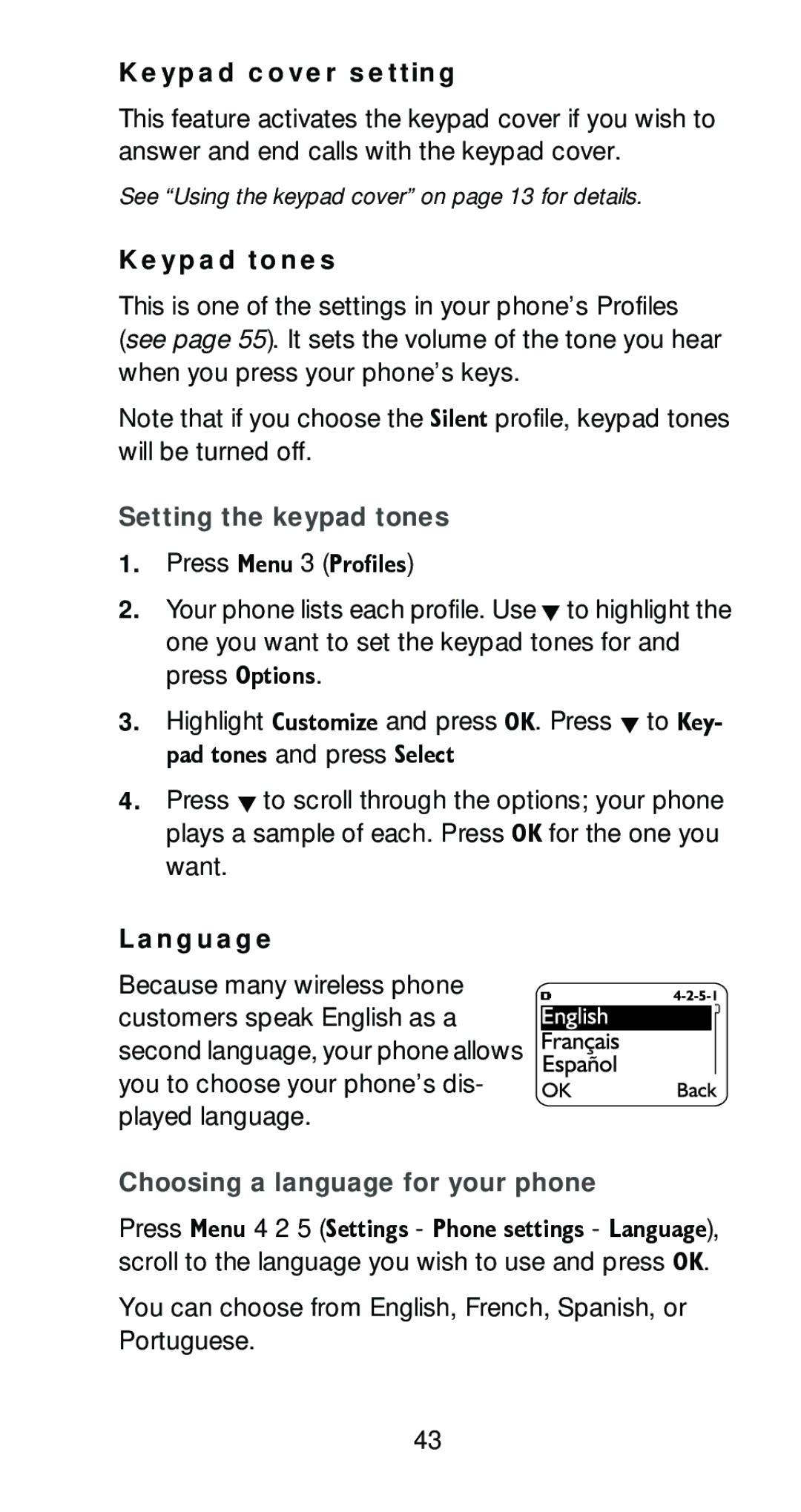 Nokia 6161 Keypad cover setting, Keypad tones, Setting the keypad tones, Language, Choosing a language for your phone 