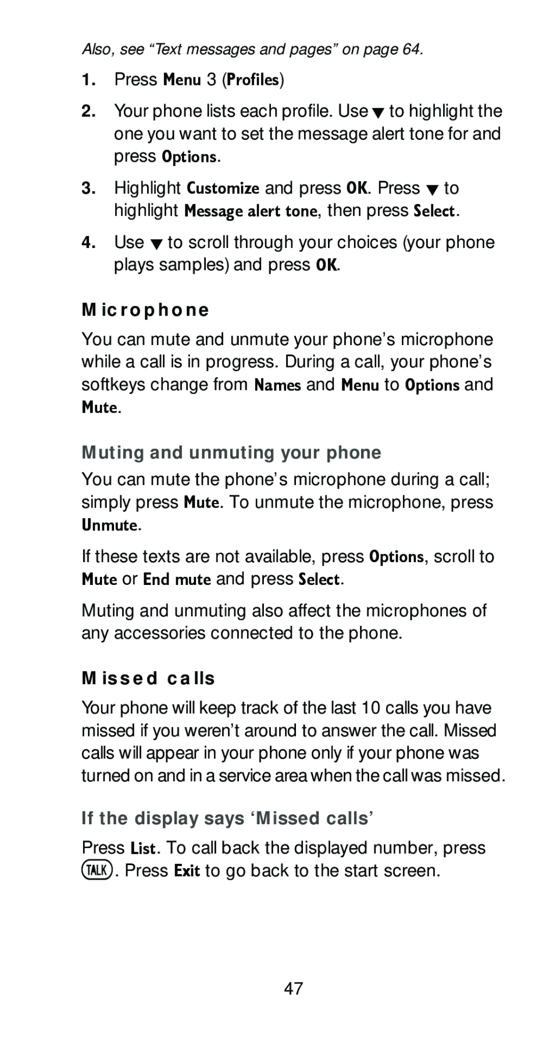 Nokia 6161 manual Microphone, Muting and unmuting your phone, If the display says ‘Missed calls’ 