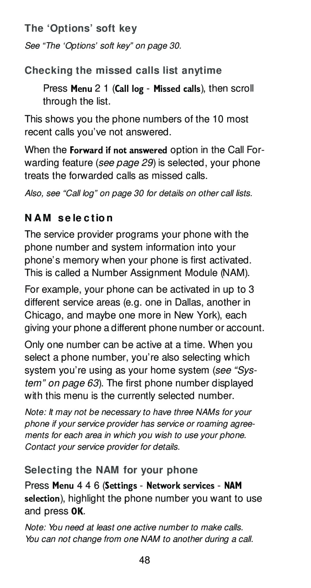 Nokia 6161 manual Checking the missed calls list anytime, NAM selection, Selecting the NAM for your phone 