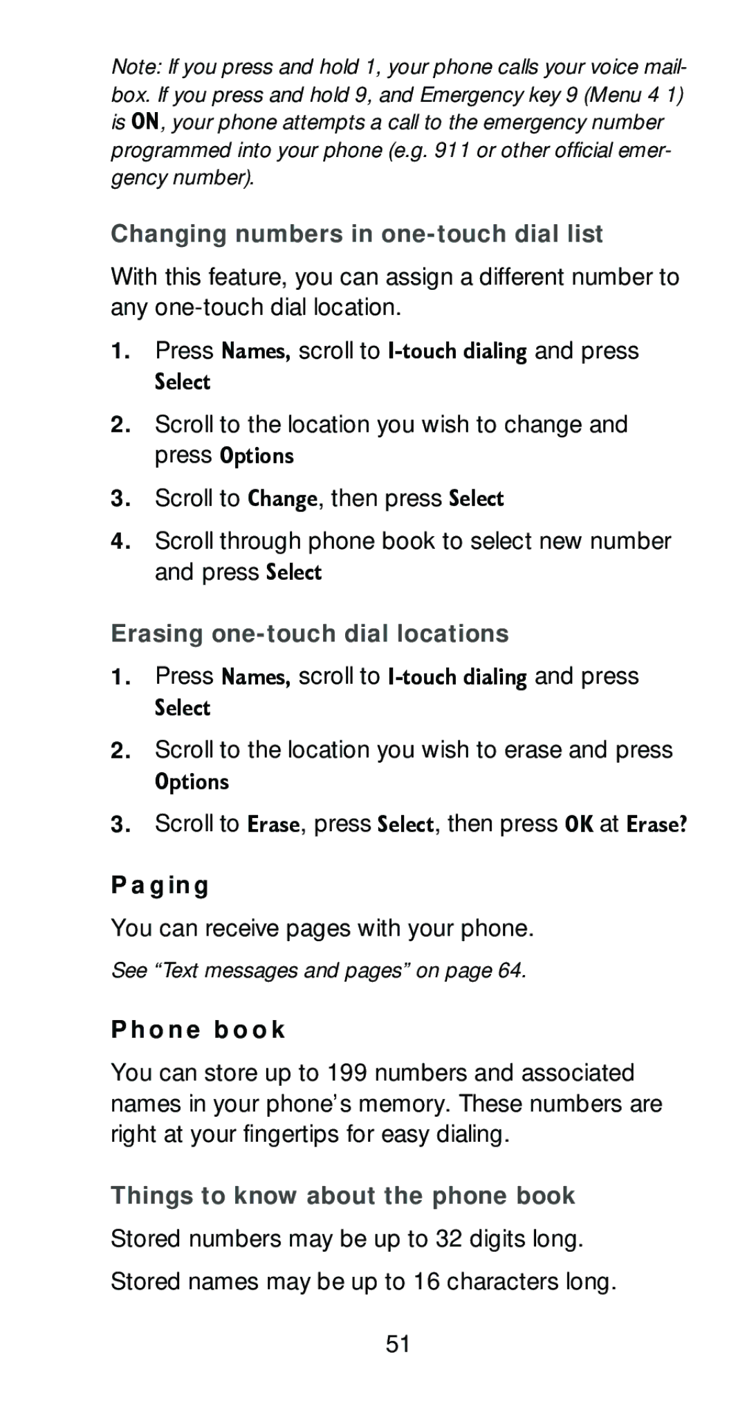 Nokia 6161 manual Changing numbers in one-touch dial list, Erasing one-touch dial locations, Paging, Phone book 