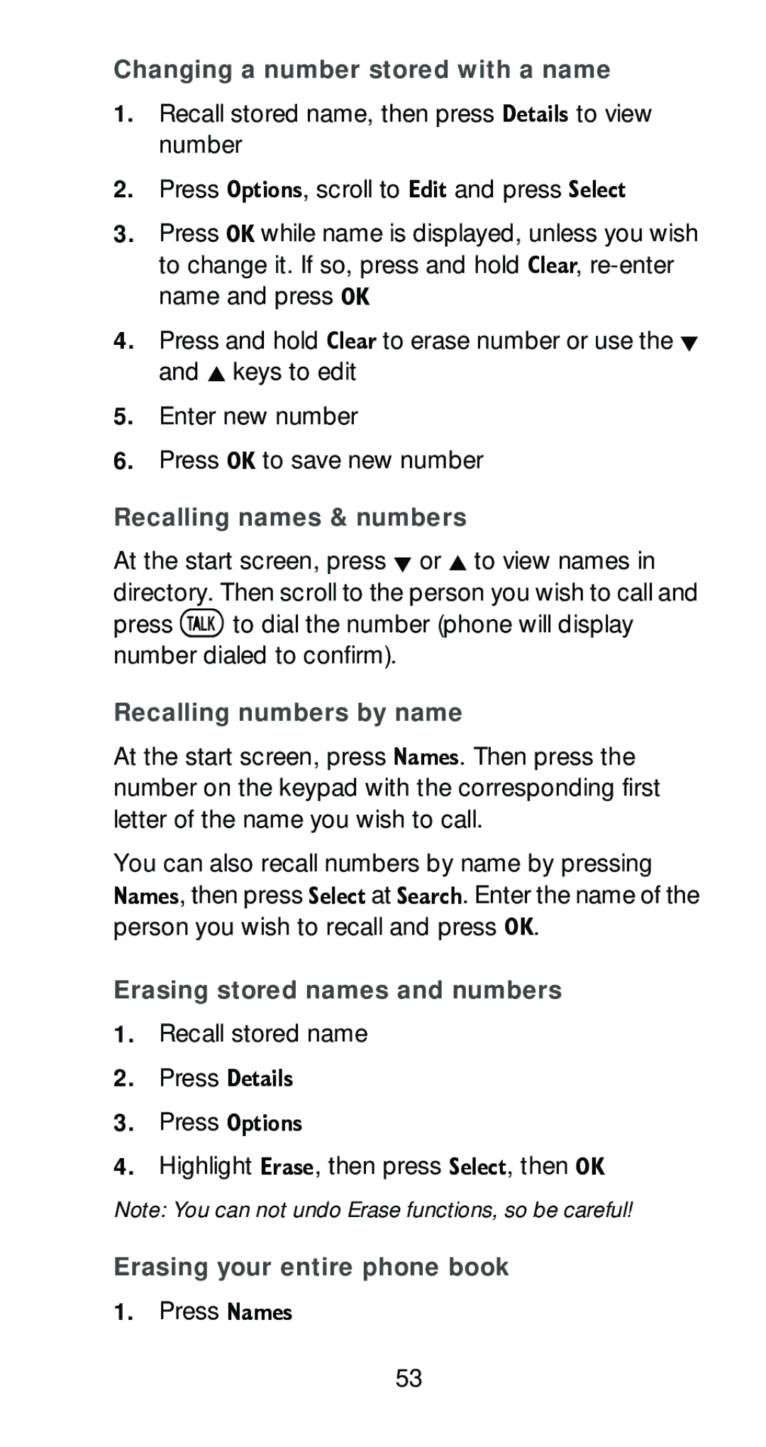 Nokia 6161 manual Changing a number stored with a name, Recalling names & numbers, Recalling numbers by name 