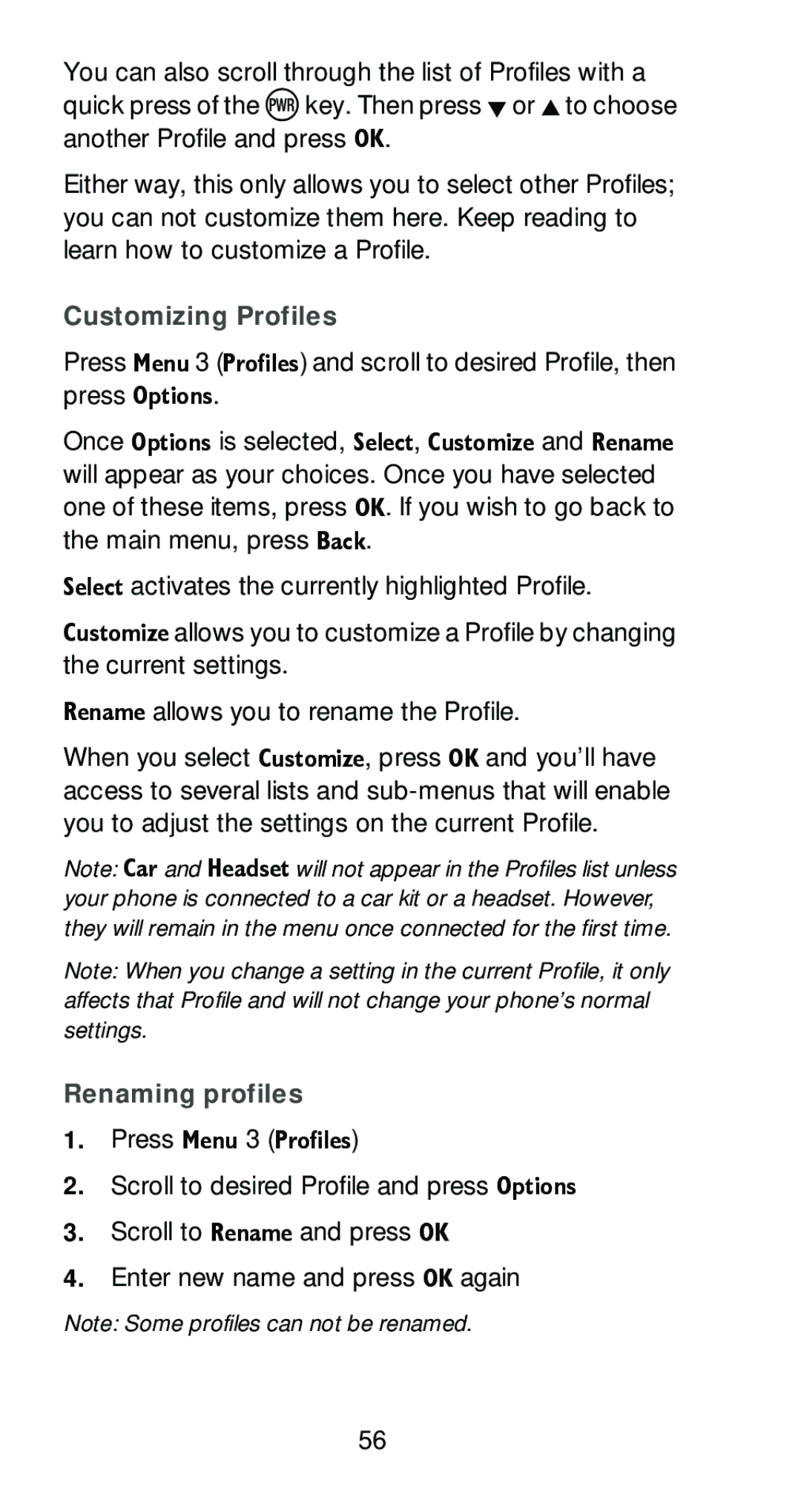 Nokia 6161 manual Customizing Profiles, Renaming profiles 