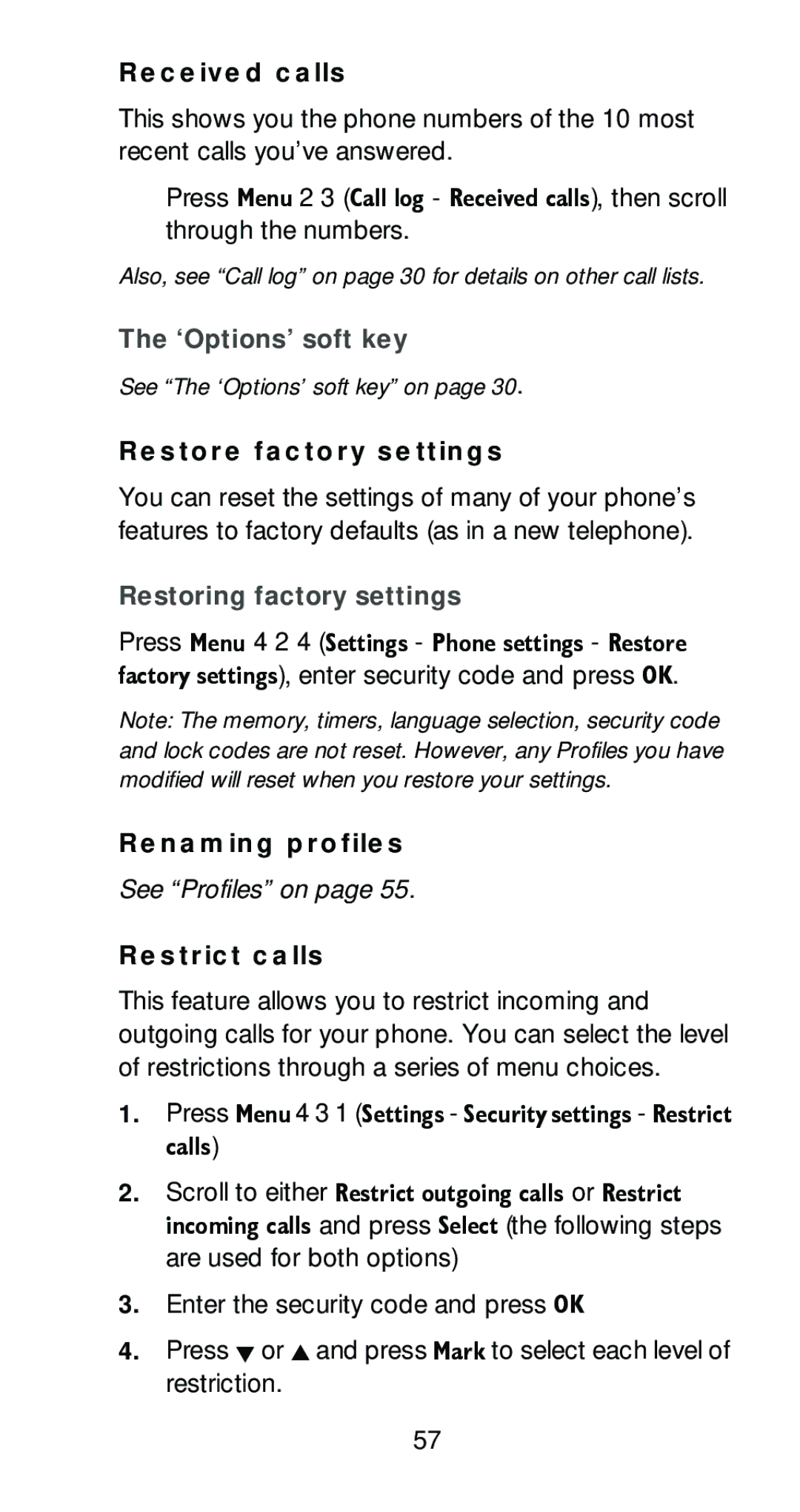 Nokia 6161 manual Received calls, Restore factory settings, Restoring factory settings, Renaming profiles, Restrict calls 