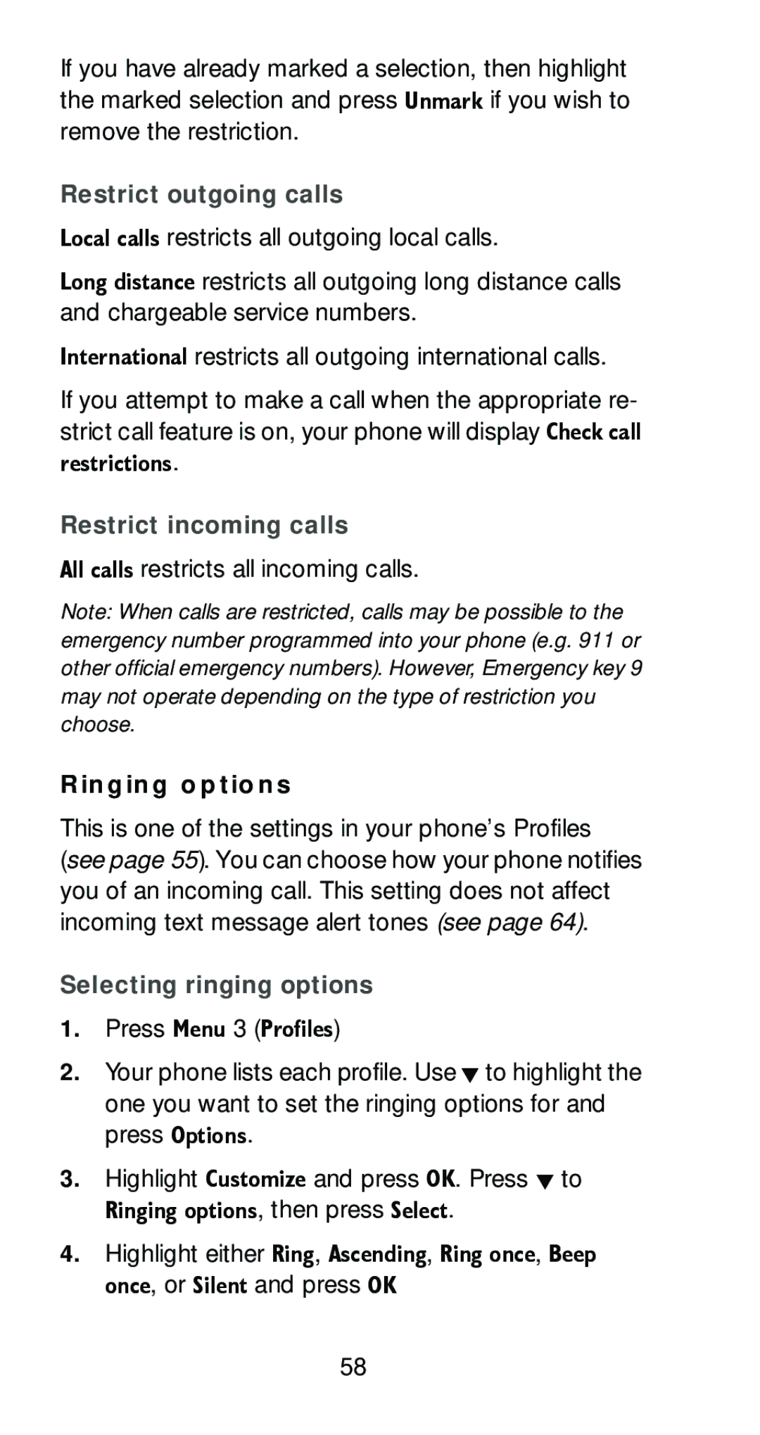 Nokia 6161 Restrict outgoing calls, Uhvwulfwlrqv, Restrict incoming calls, Ringing options, Selecting ringing options 