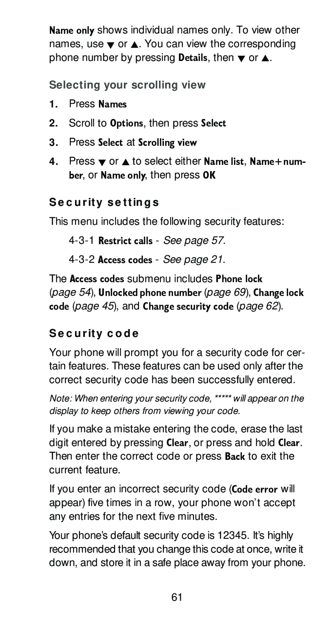 Nokia 6161 manual 1DPH#RQO\ shows individual names only. To view other, Selecting your scrolling view, Security code 