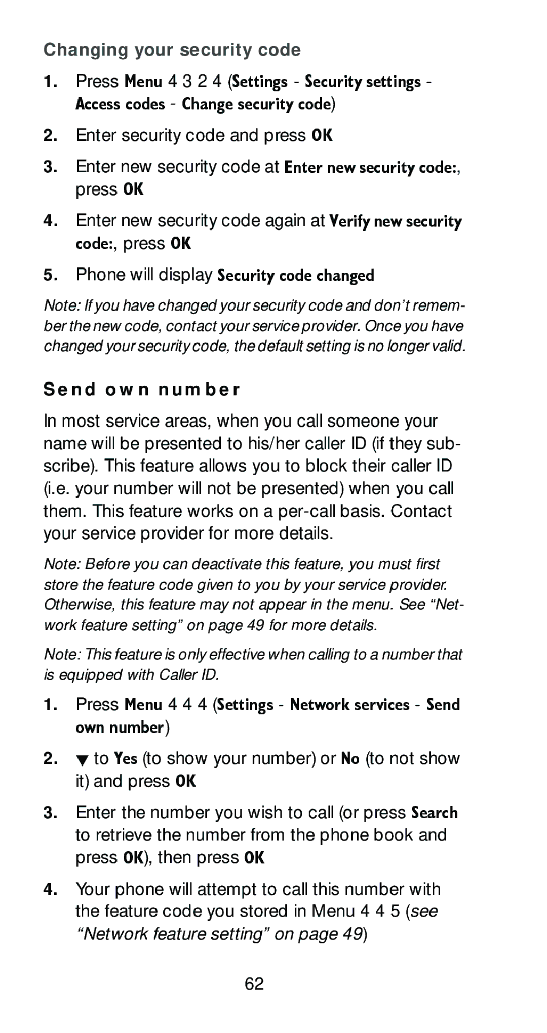 Nokia 6161 manual Changing your security code, Send own number, Rzq#Qxpehu 