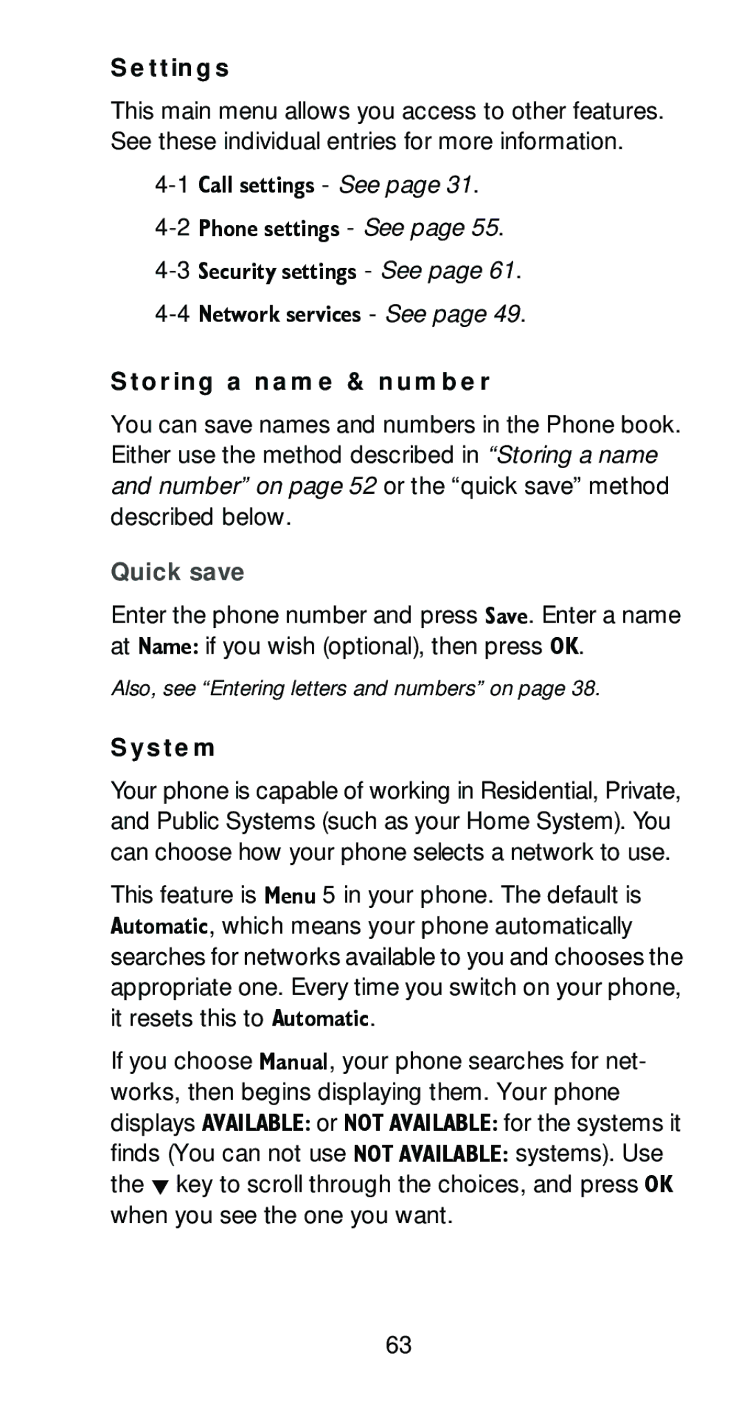 Nokia 6161 manual Settings, DOO#VHWWLQJV See 3KRQH#VHWWLQJV See, Storing a name & number, Quick save, System 