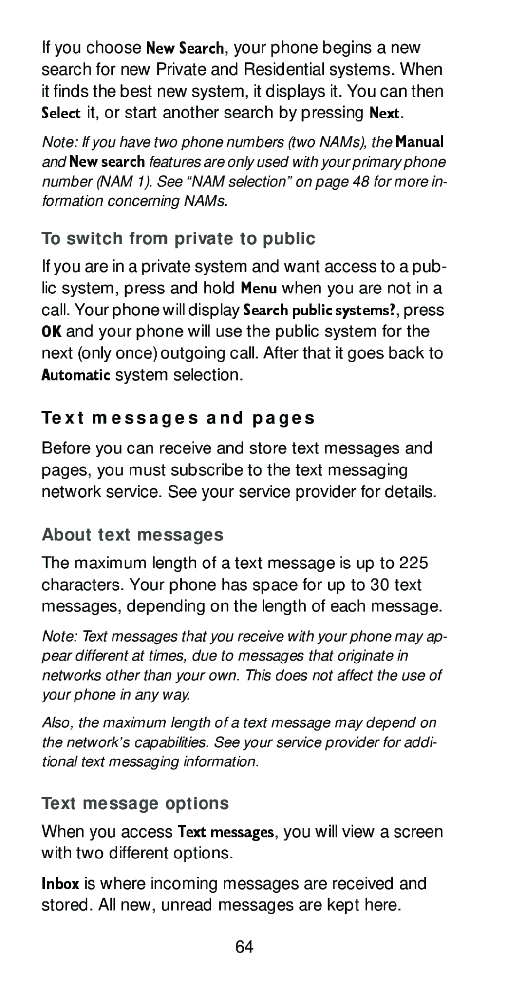 Nokia 6161 manual To switch from private to public, Text messages and pages, About text messages, Text message options 