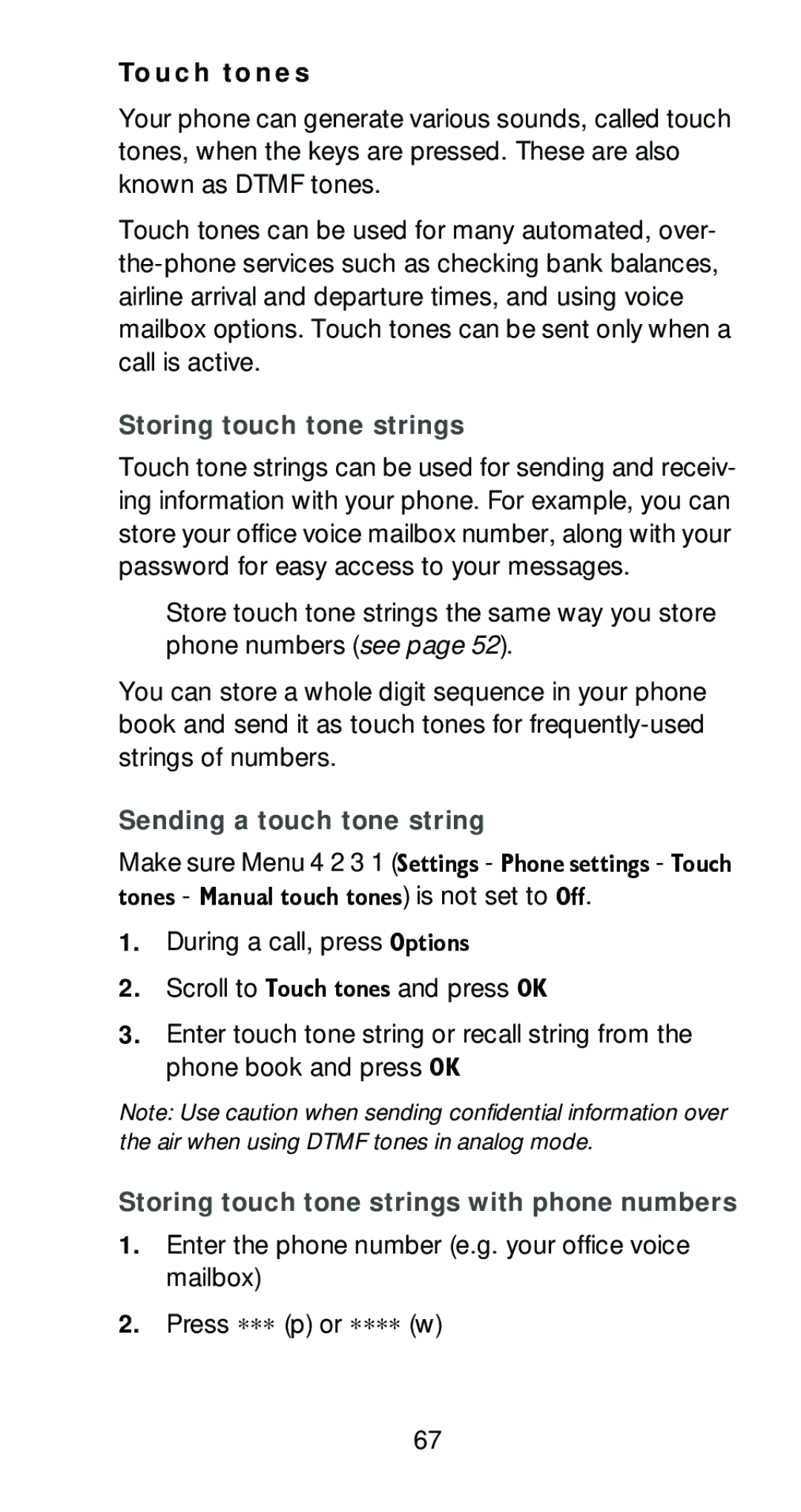 Nokia 6161 manual Touch tones, Storing touch tone strings, Sending a touch tone string 