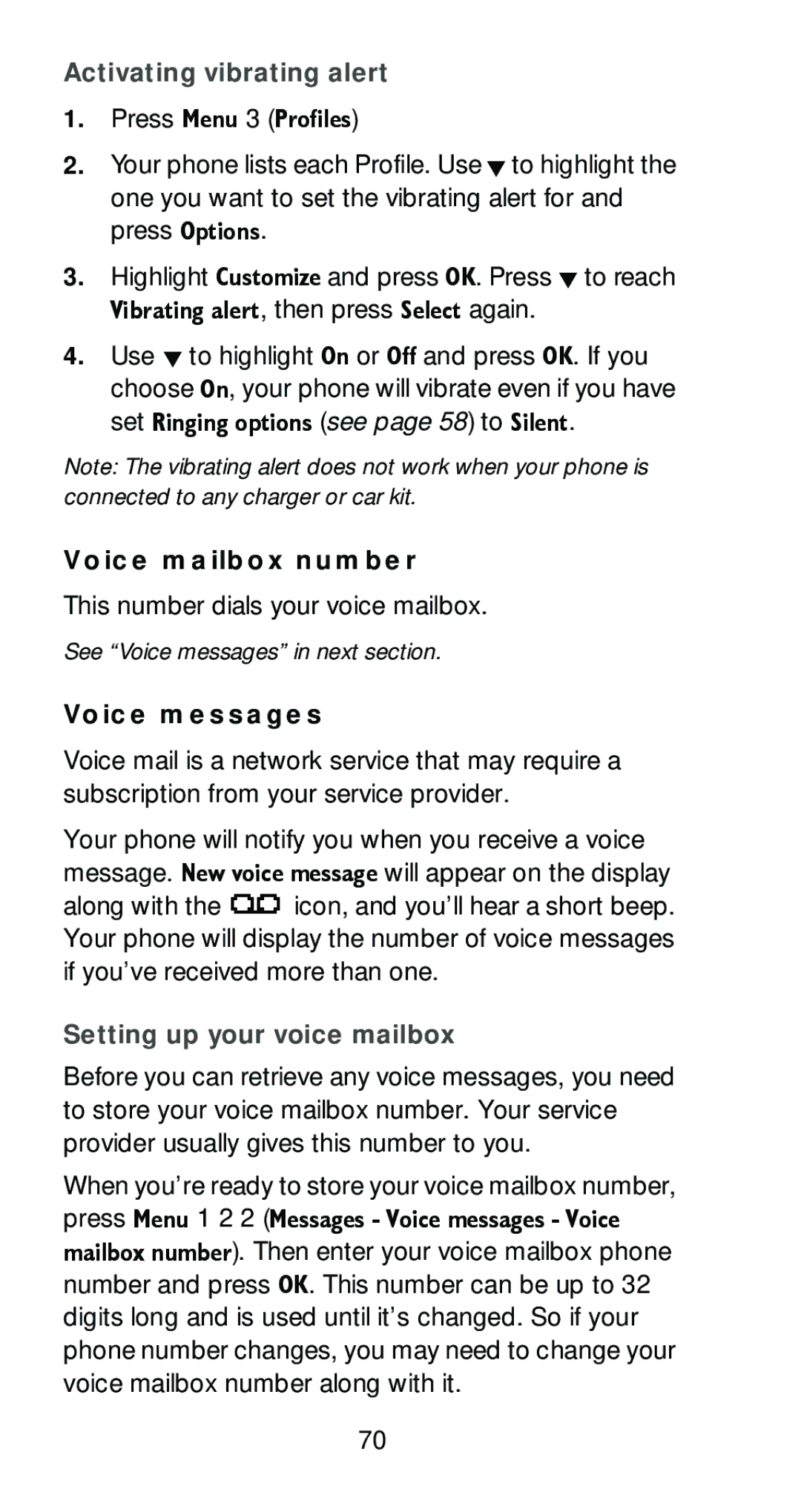 Nokia 6161 manual Activating vibrating alert, Voice mailbox number, This number dials your voice mailbox 