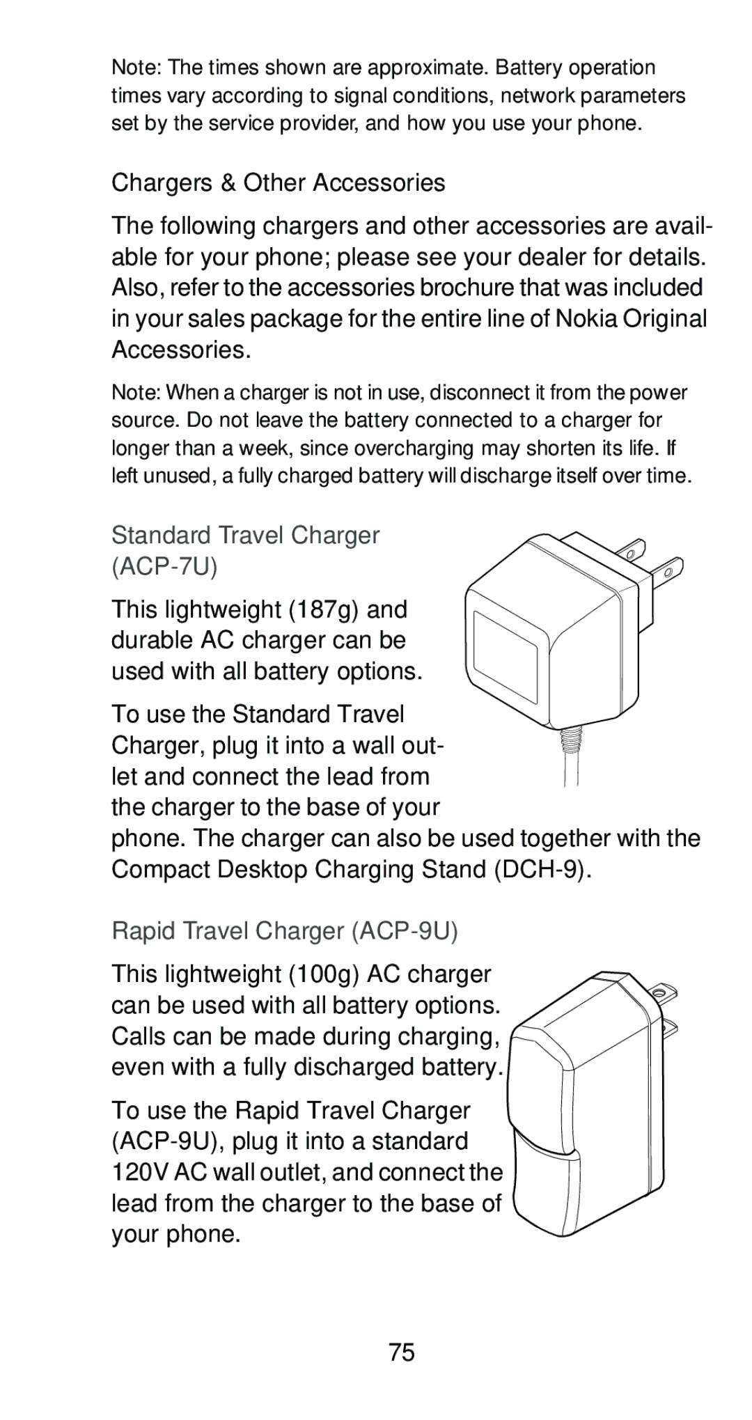 Nokia 6161 manual Chargers & Other Accessories, Standard Travel Charger ACP-7U, To use the Standard Travel 